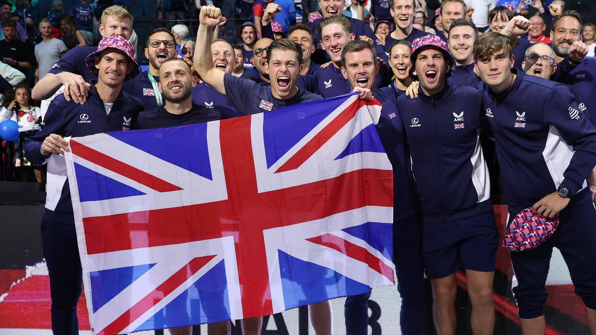 Great Britain celebrates booking their ticket to the Davis Cup quarter-finals.