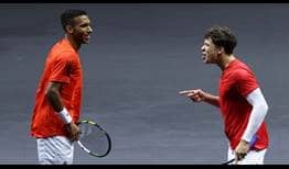 Felix Auger-Aliassime and Ben Shelton celebrate on Saturday in Vancouver.