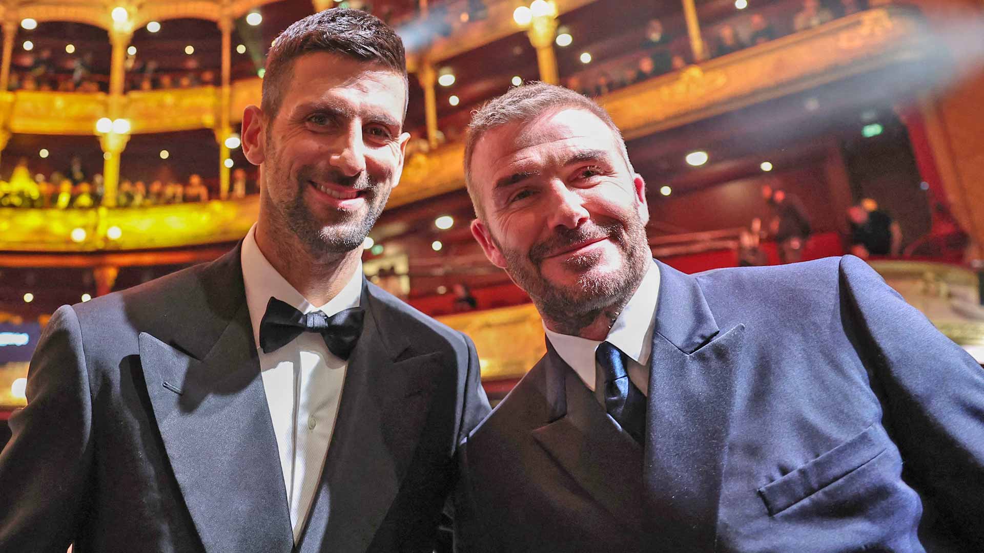 Novak Djokovic poses for a photo with David Beckham at the Ballon d'Or ceremony in Paris.