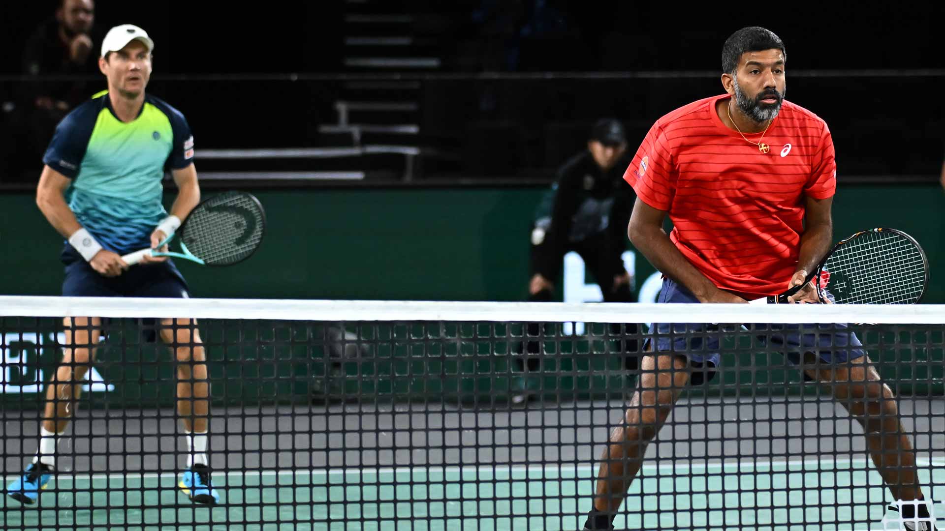 Matthew Ebden and Rohan Bopanna in action Friday at the Rolex Paris Masters.