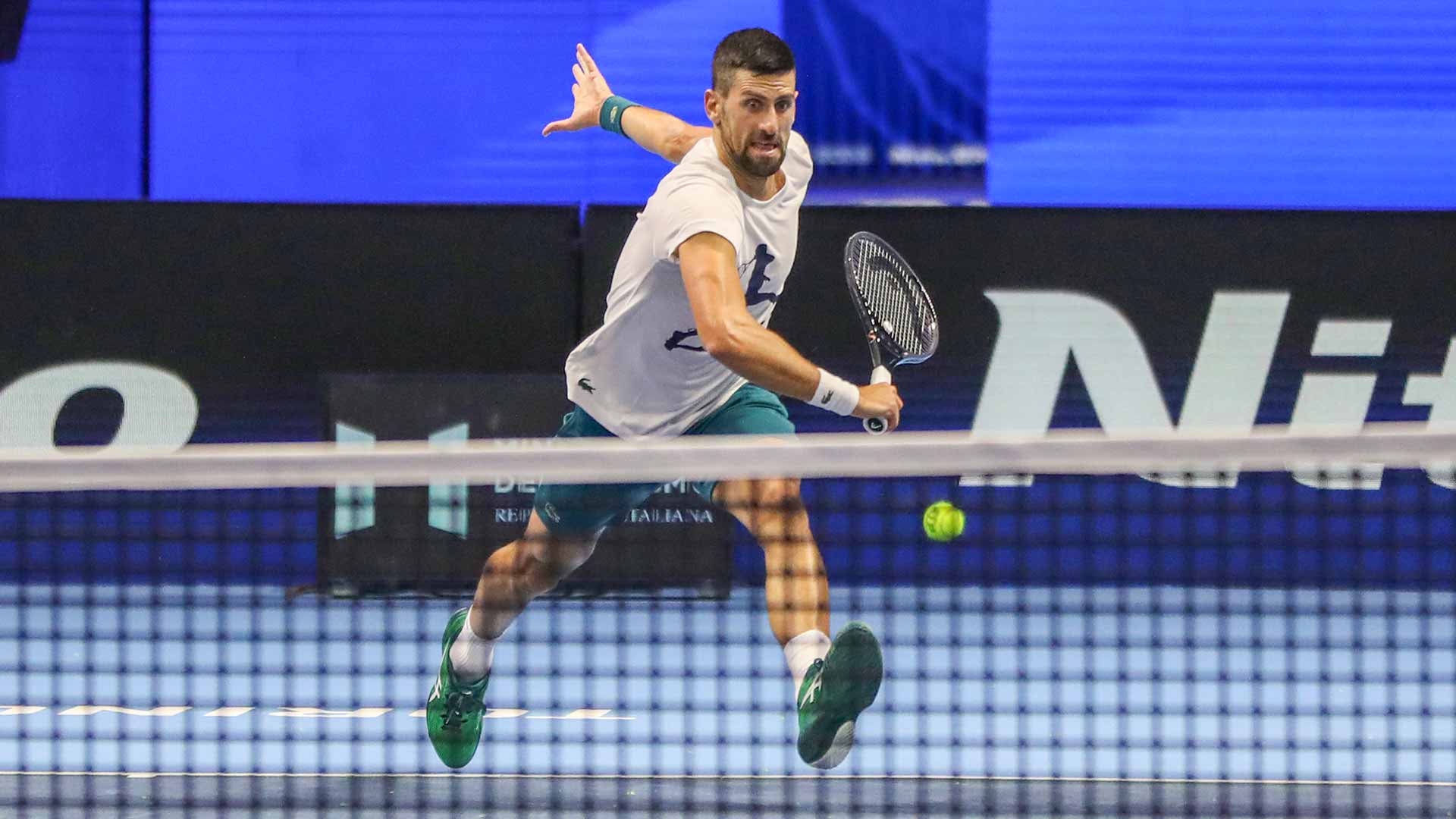 Novak Djokovic practises at the Pala Alpitour Thursday ahead of the Nitto ATP Finals.
