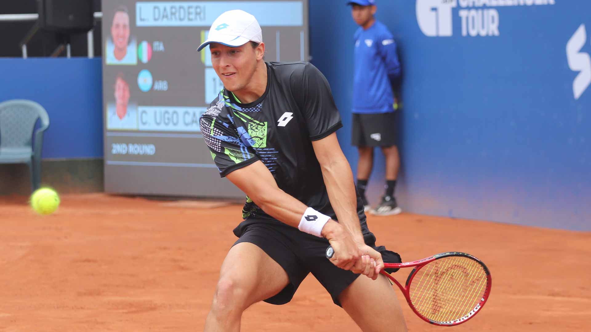 <a href='https://www.atptour.com/en/players/luciano-darderi/d0fj/overview'>Luciano Darderi</a> in action at the <a href='https://www.atptour.com/en/scores/archive/lima/6579/2023/results'>Directv Open Lima</a>, where he won his second ATP Challenger Tour title.