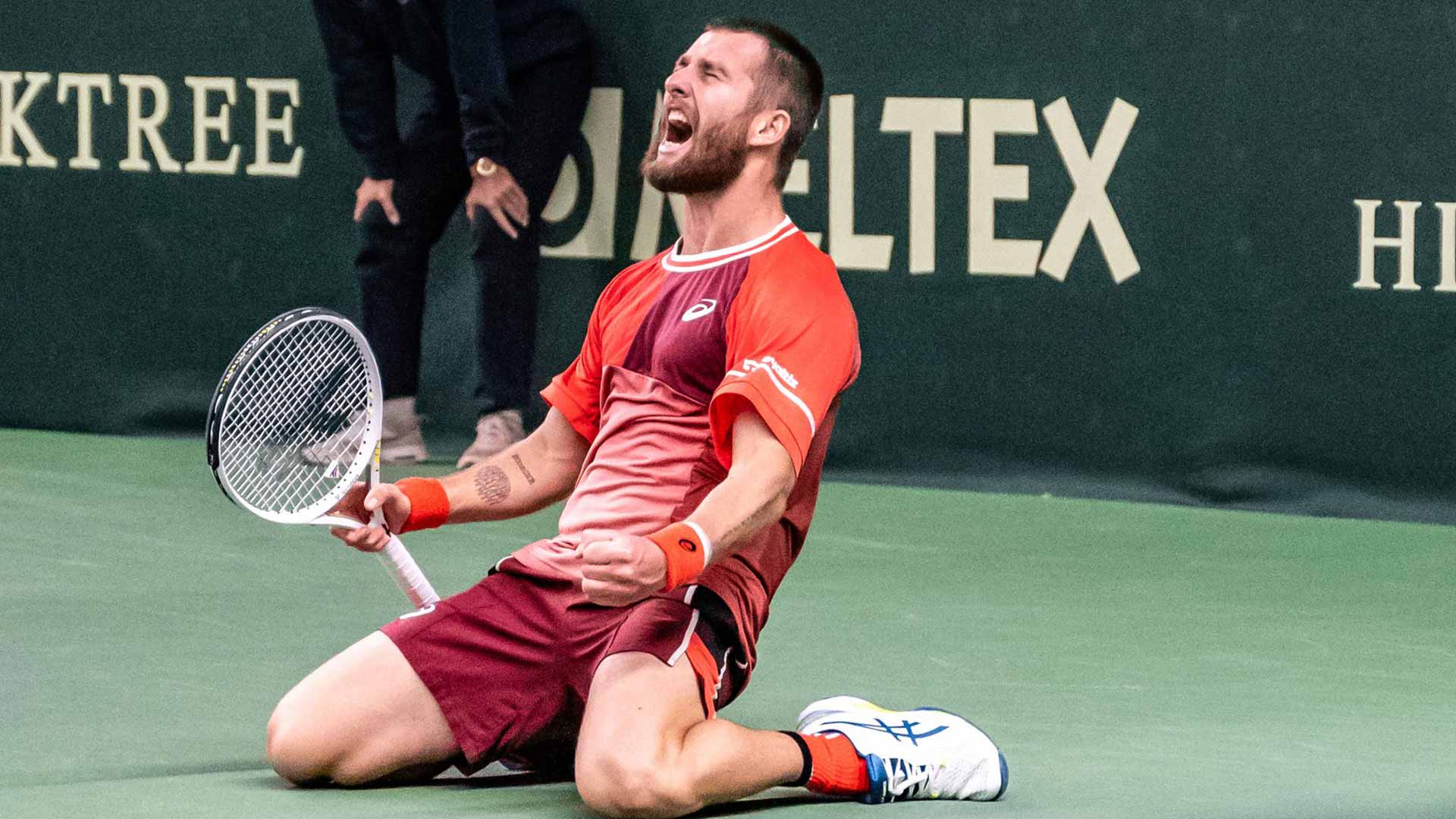 <a href='https://www.atptour.com/en/players/corentin-moutet/mw02/overview'>Corentin Moutet</a> celebrates winning the Challenger 125 event in Helsinki, Finland.