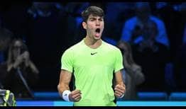 Carlos Alcaraz celebrates his first win at the Nitto ATP Finals after beating Andrey Rublev.