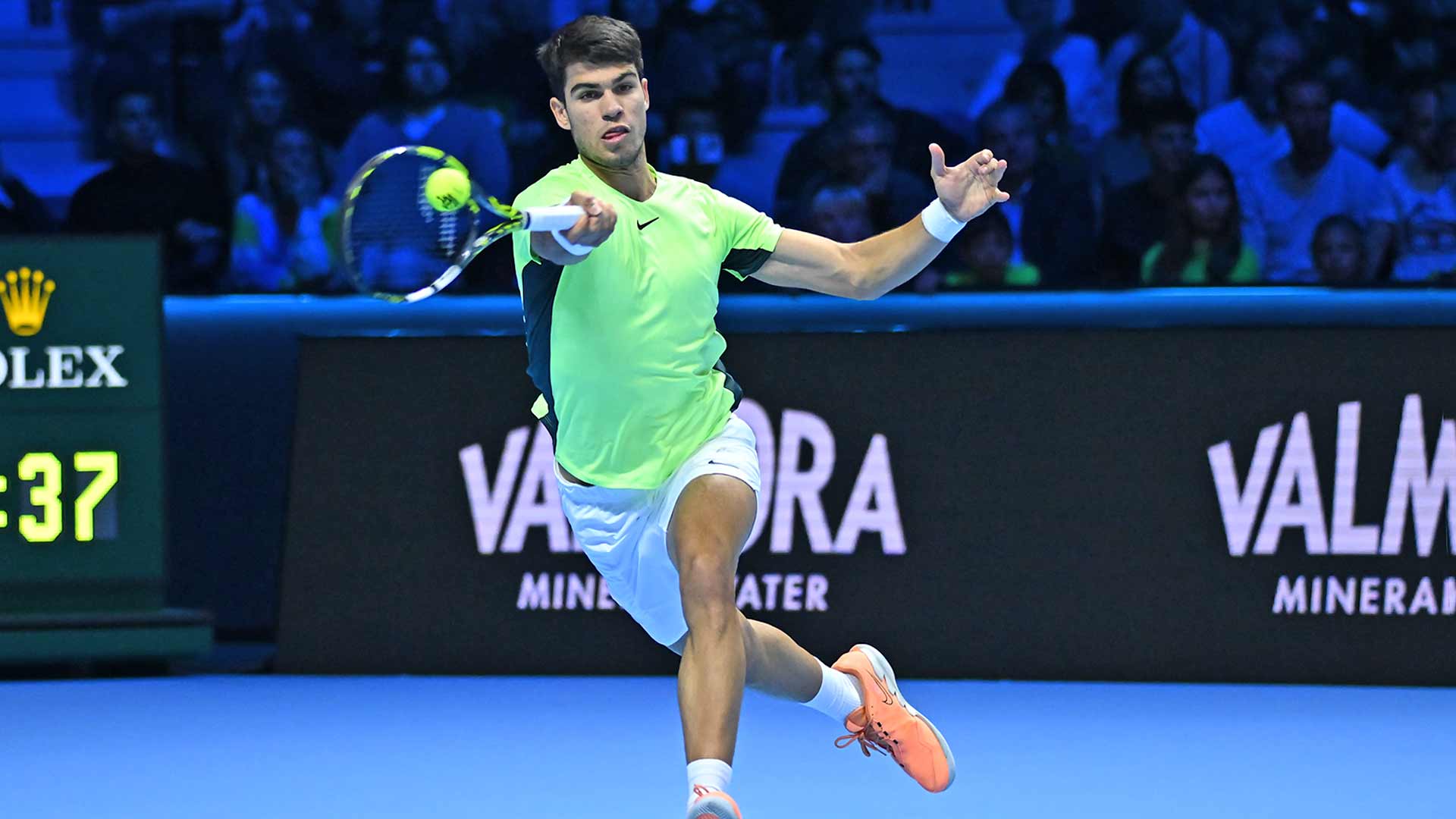 Carlos Alcaraz in action against Andrey Rublev on Wednesday at the Nitto ATP Finals.