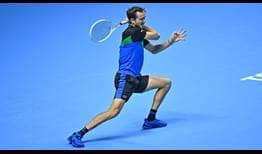 Daniil Medvedev in action against home favourite Jannik Sinner on Saturday at the NItto ATP Finals.