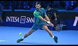 Novak Djokovic in action against Carlos Alcaraz on Saturday at the Nitto ATP Finals.