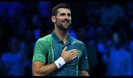 Novak Djokovic smiles after defeating Carlos Alcaraz in straight sets on Saturday evening in Turin.