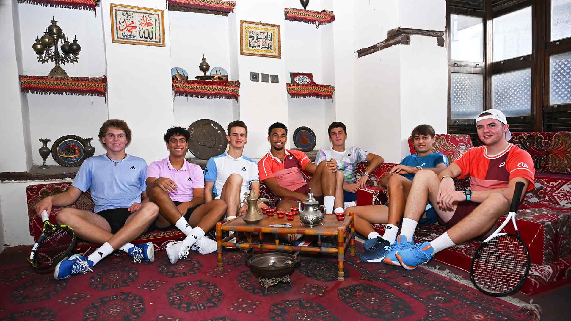 From left to right, Alex Michelsen, Abdullah Shelbayh, Luca Van Assche, Arthur Fils, Luca Nardi, Flavio Cobolli, Dominic Stricker.
