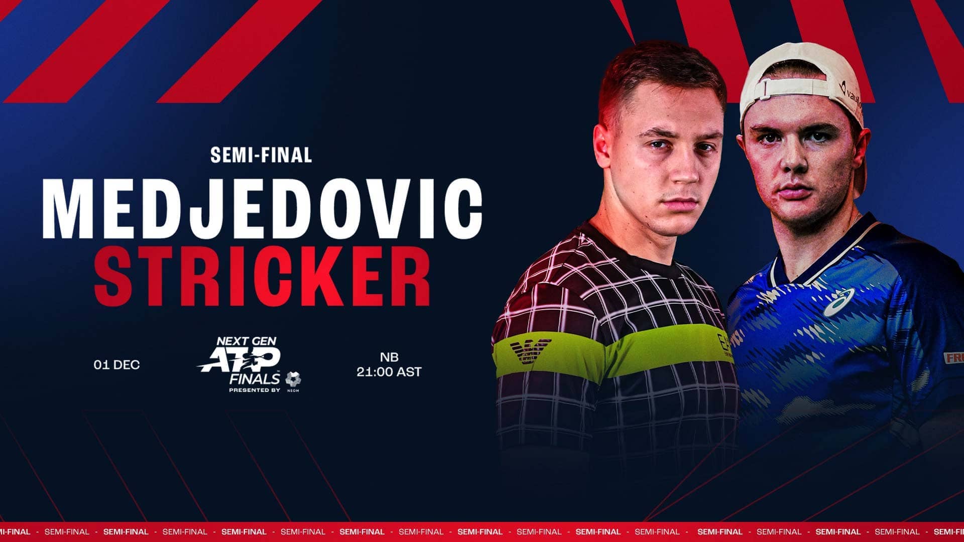 Hamad Medjedovic and Dominic Stricker will contest their first Lexus ATP Head2Head matchup on Friday in the Jeddah semi-finals.
