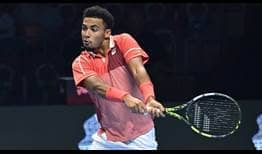 Arthur Fils in action Friday at the Next Gen ATP Finals presented by NEOM.