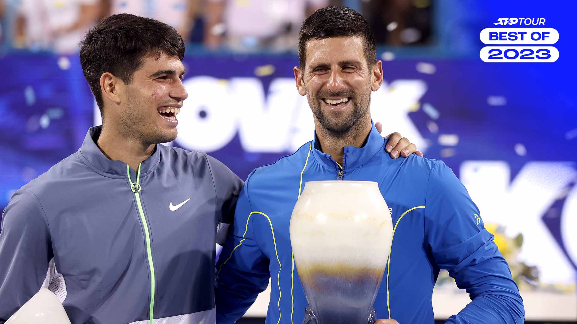 Carlos Alcaraz and Novak Djokovic after their epic championship match in Cincinnati in August.