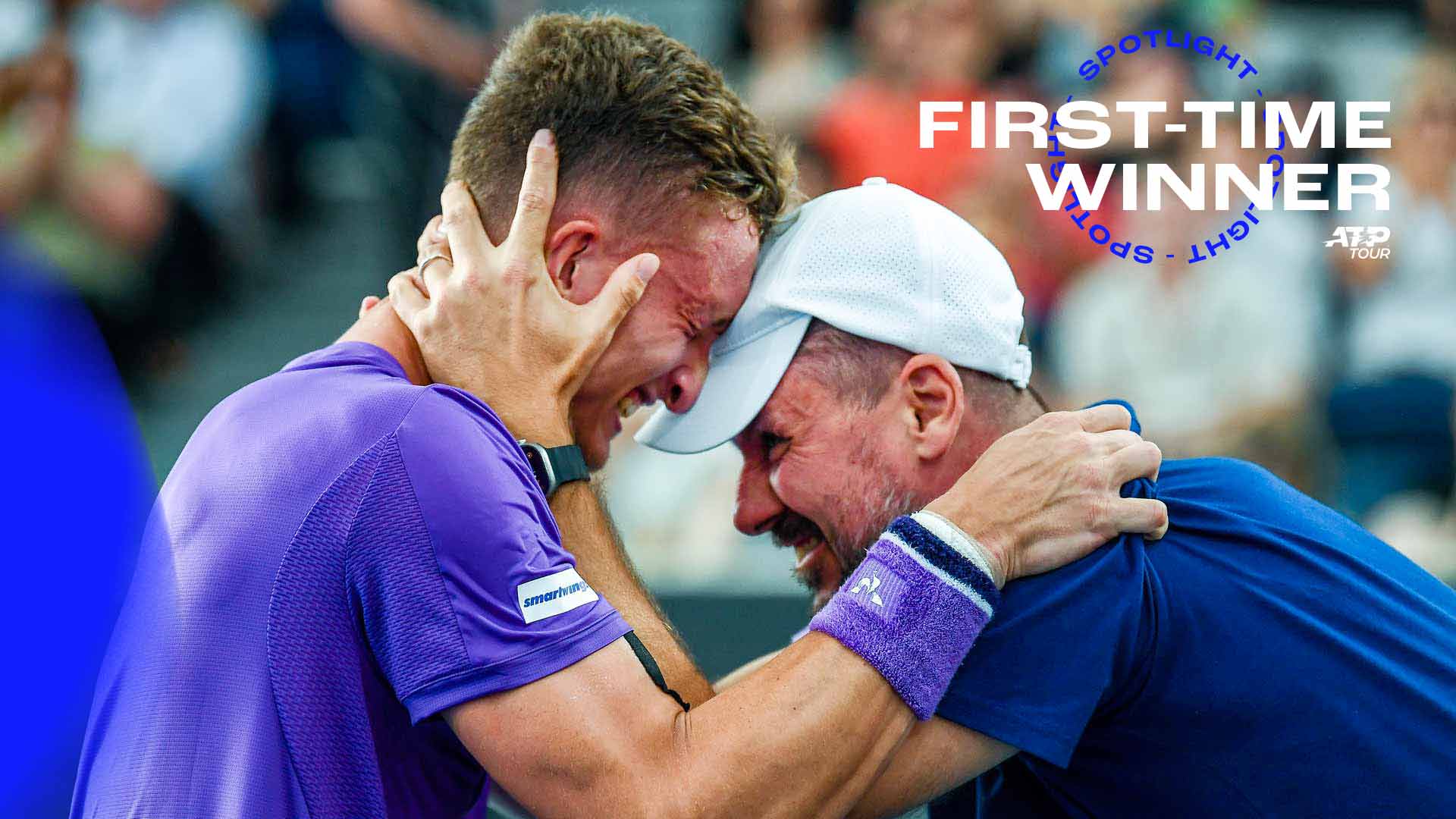 Jiri Lehecka celebrates winning the Adelaide International with coach Michal Navratil.