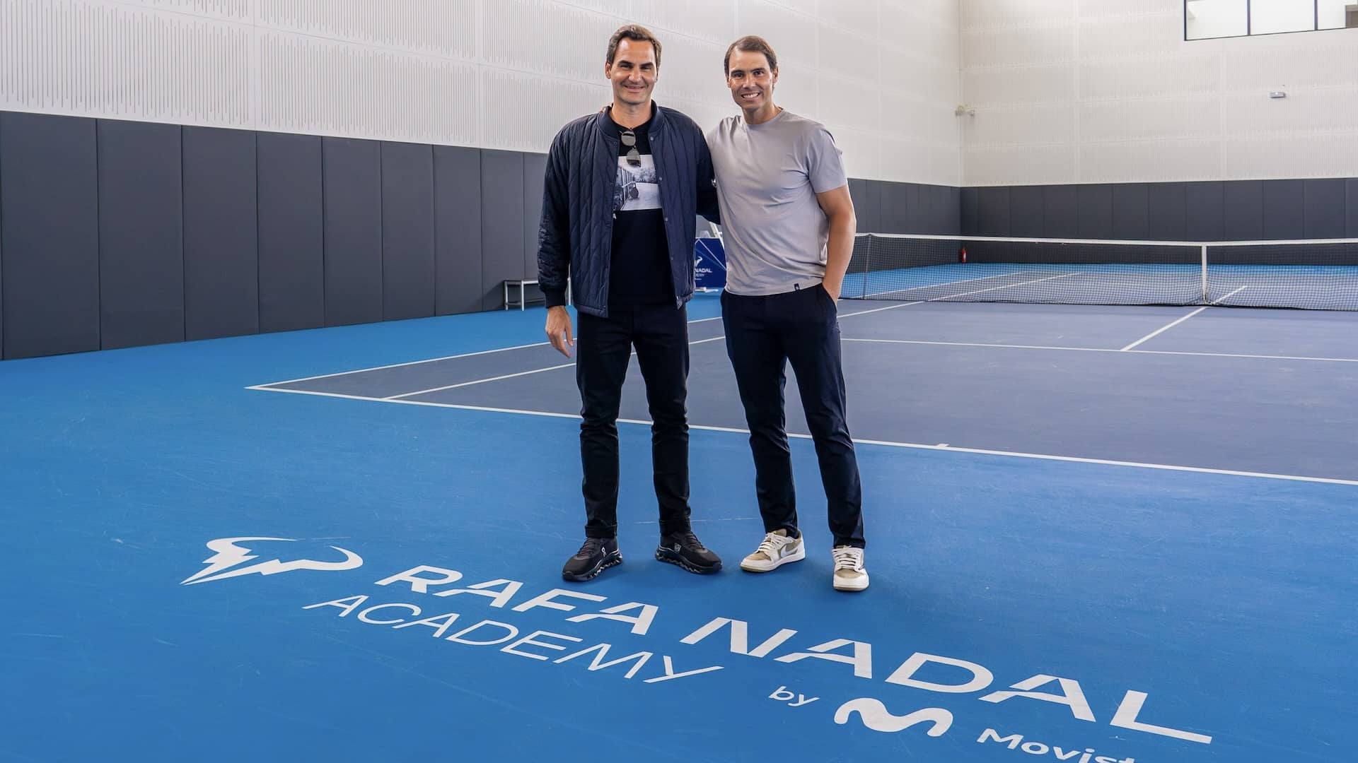 Federer y Nadal, este miércoles en la Rafa Nadal Academy by Movistar de Manacor.
