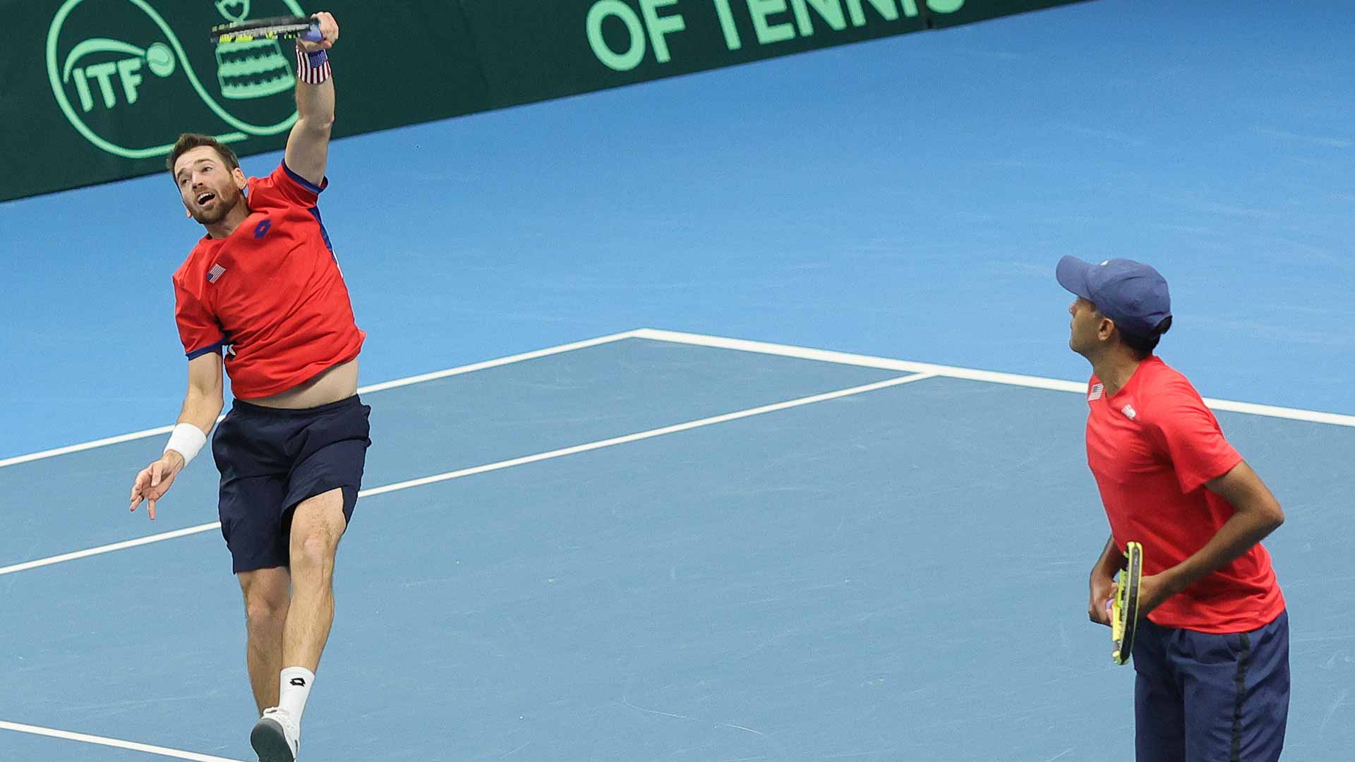 Austin Krajicek and Rajeev Ram during Friday's Davis Cup Qualifiers tie.