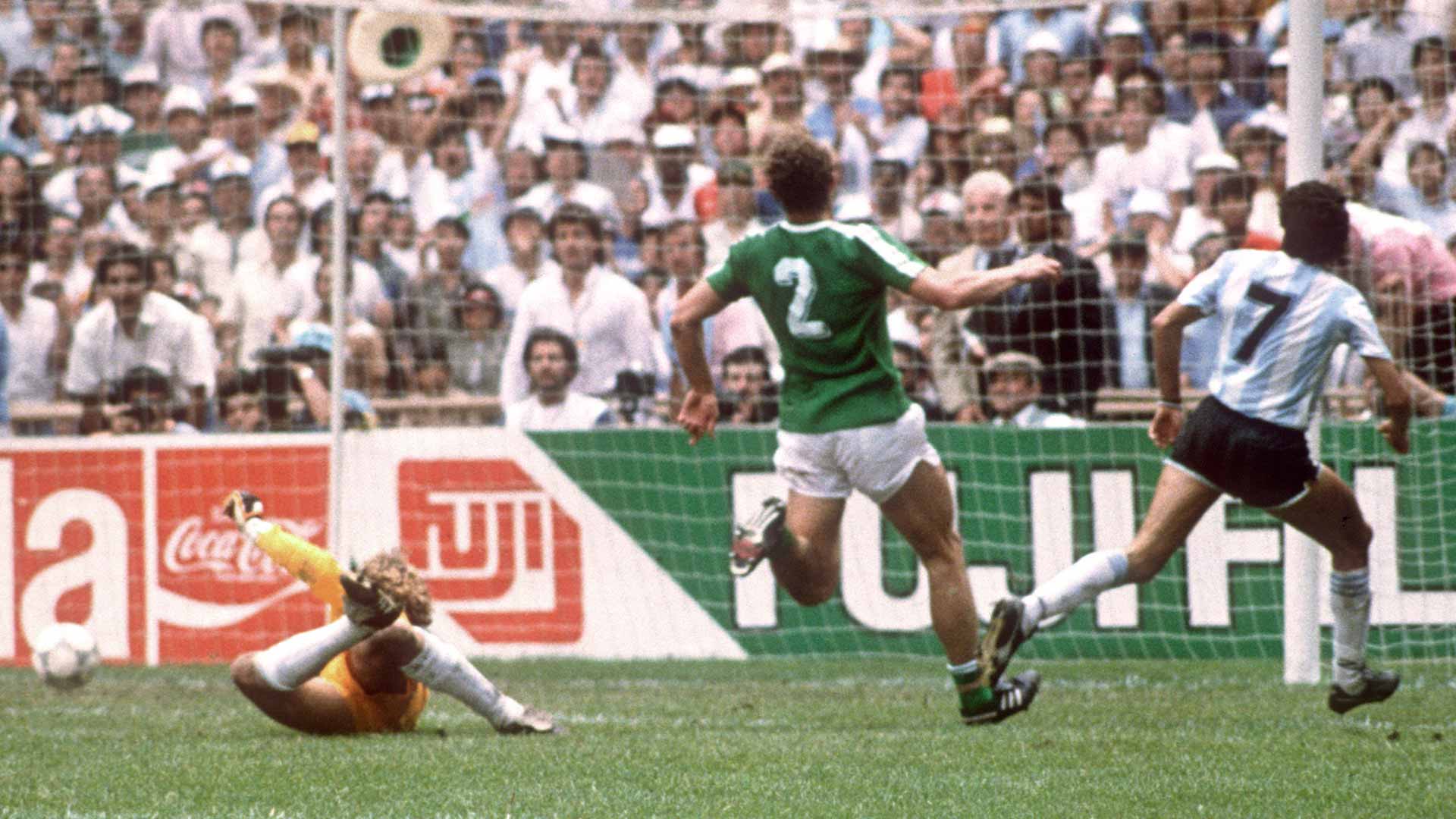 Jorge Burruchaga, far right, scores the winning goal during the 1986 World Cup final.