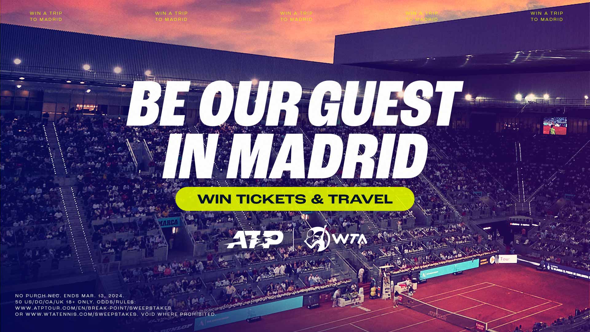 Be our guest at the 2024 Mutua Madrid Open! Win tickets and travel to the ATP and WTA tennis tournament. 