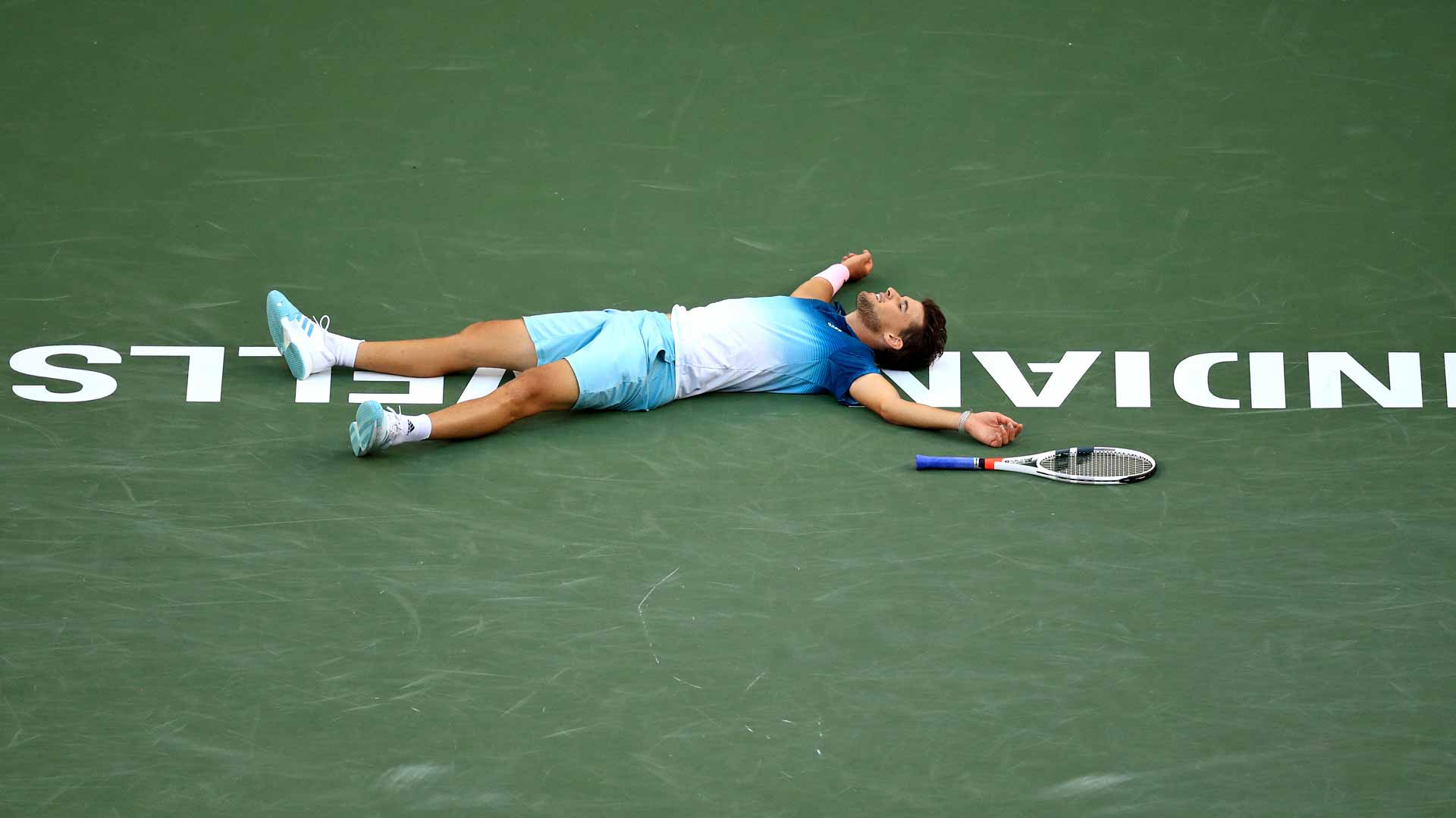 <a href='https://www.atptour.com/en/players/dominic-thiem/tb69/overview'>Dominic Thiem</a> celebrates winning the 2019 <a href='https://www.atptour.com/en/tournaments/indian-wells/404/overview'>BNP Paribas Open</a>.