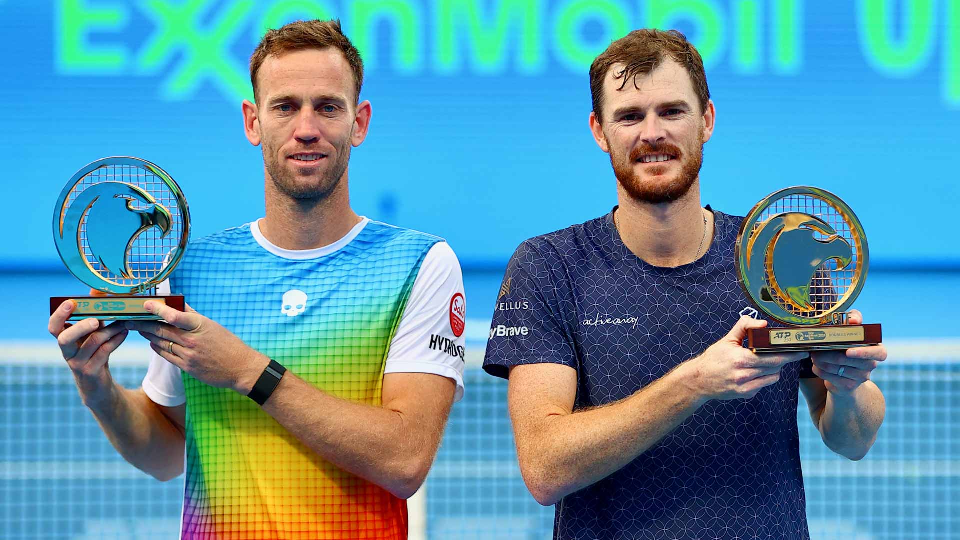 <a href='https://www.atptour.com/en/players/michael-venus/v576/overview'>Michael Venus</a> (left) and <a href='https://www.atptour.com/en/players/jamie-murray/mc81/overview'>Jamie Murray</a> win their first title of 2024 in Doha.