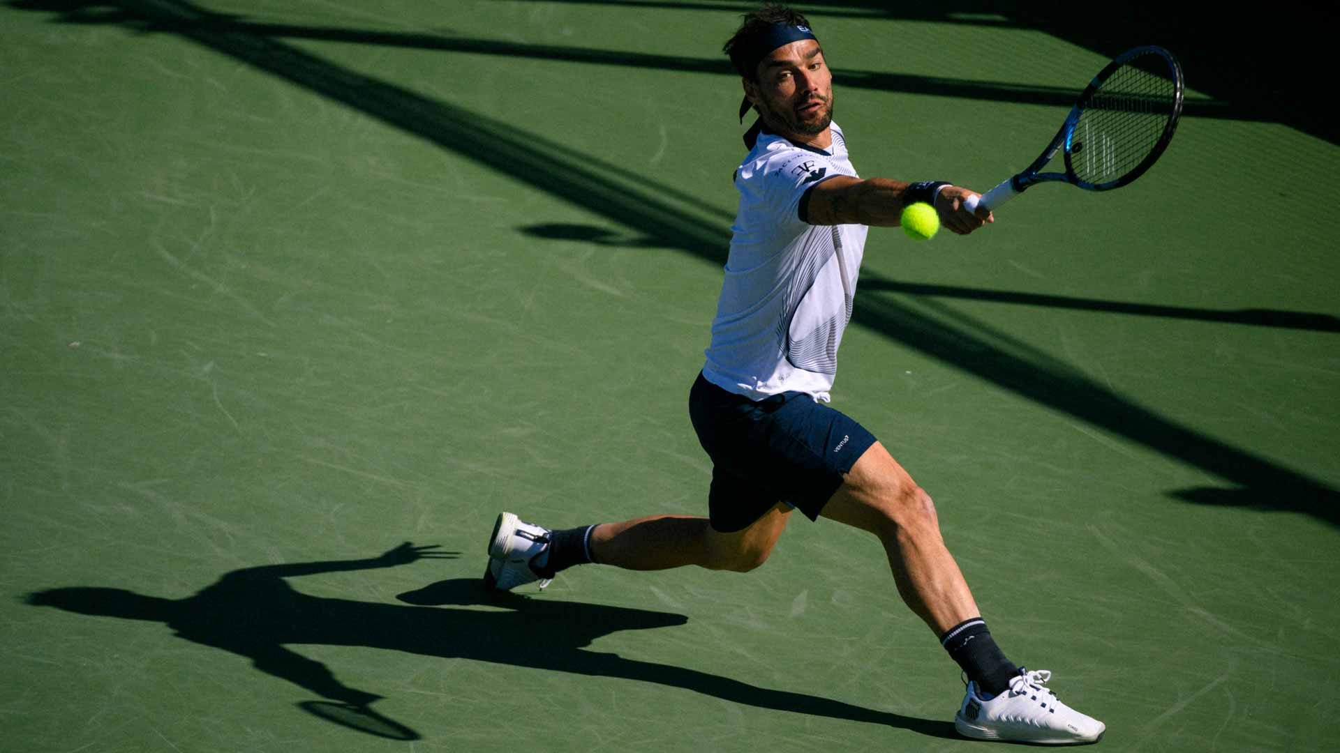 <a href='https://www.atptour.com/en/players/fabio-fognini/f510/overview'>Fabio Fognini</a> in first-round action Wednesday at the Phoenix Challenger.
