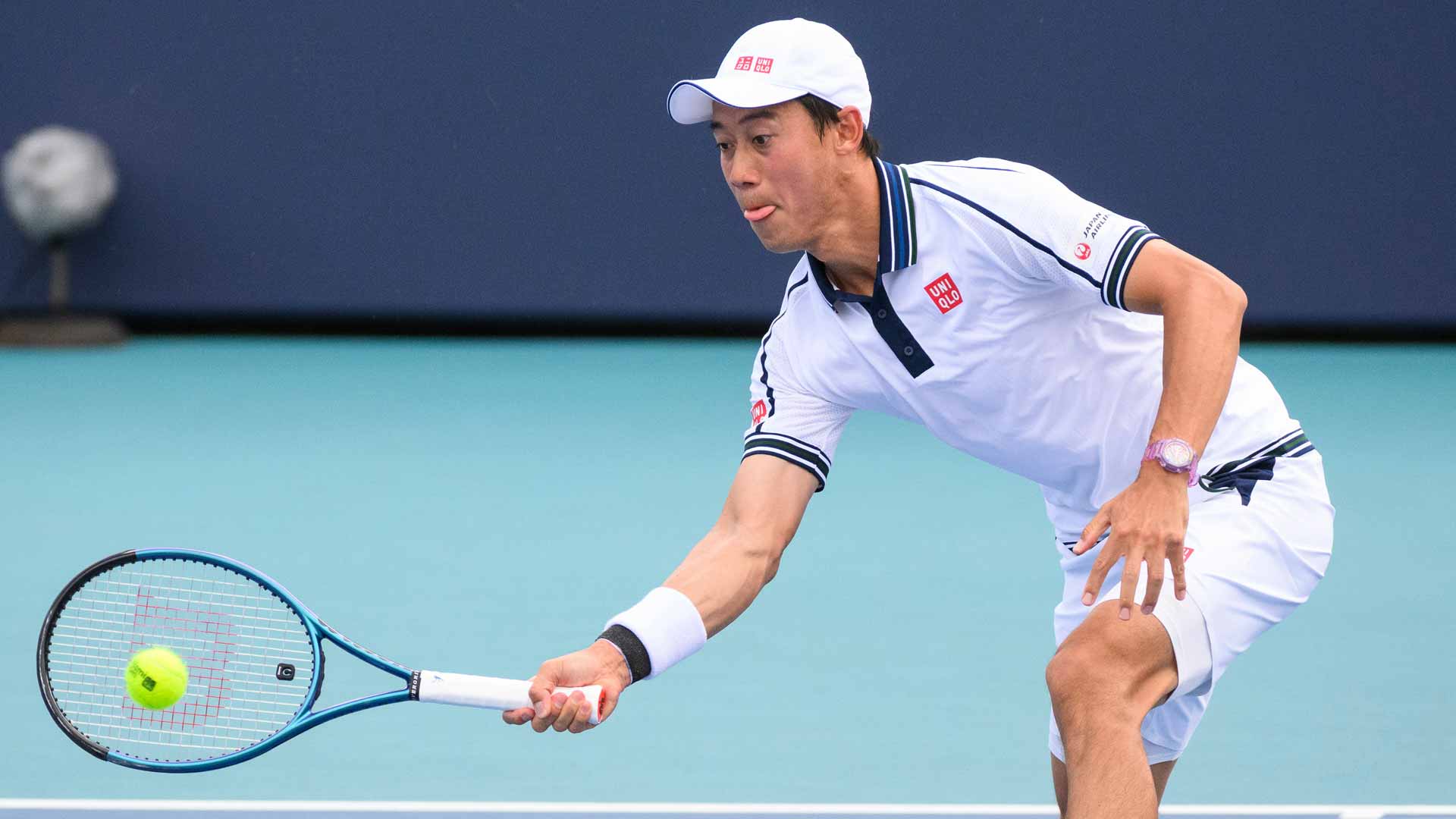 Kei Nishikori in action Thursday in Miami, where he was playing his first match since last July.