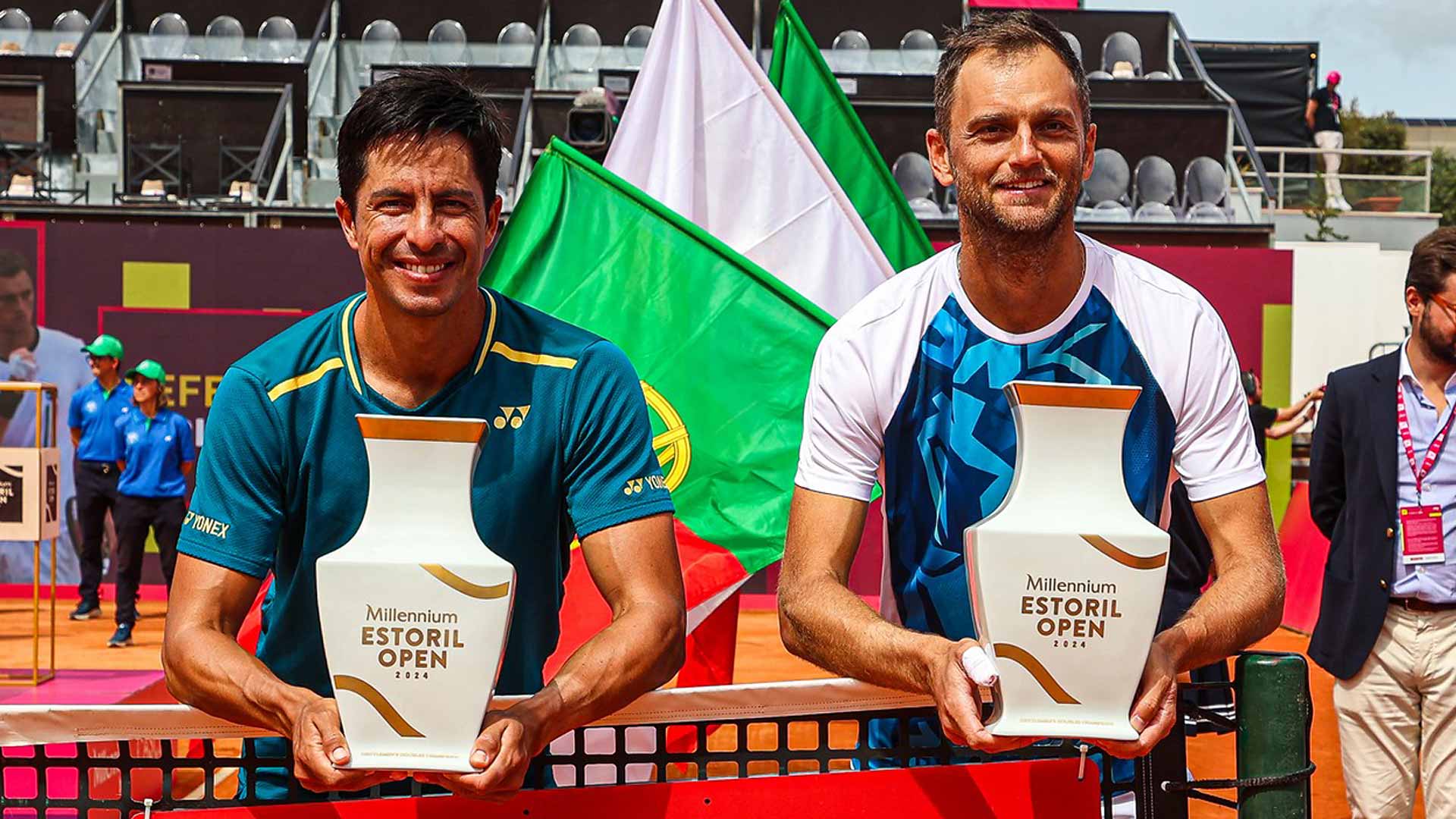 Gonzalo Escobar and Aleksandr Nedovyesov celebrate their third ATP Tour title as a team in Estoril.