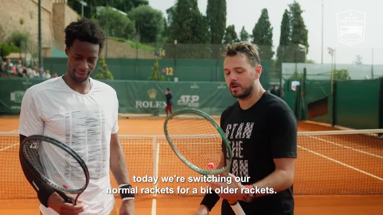 Gael Monfils and Stan Wawrinka compete with old-school racquets.