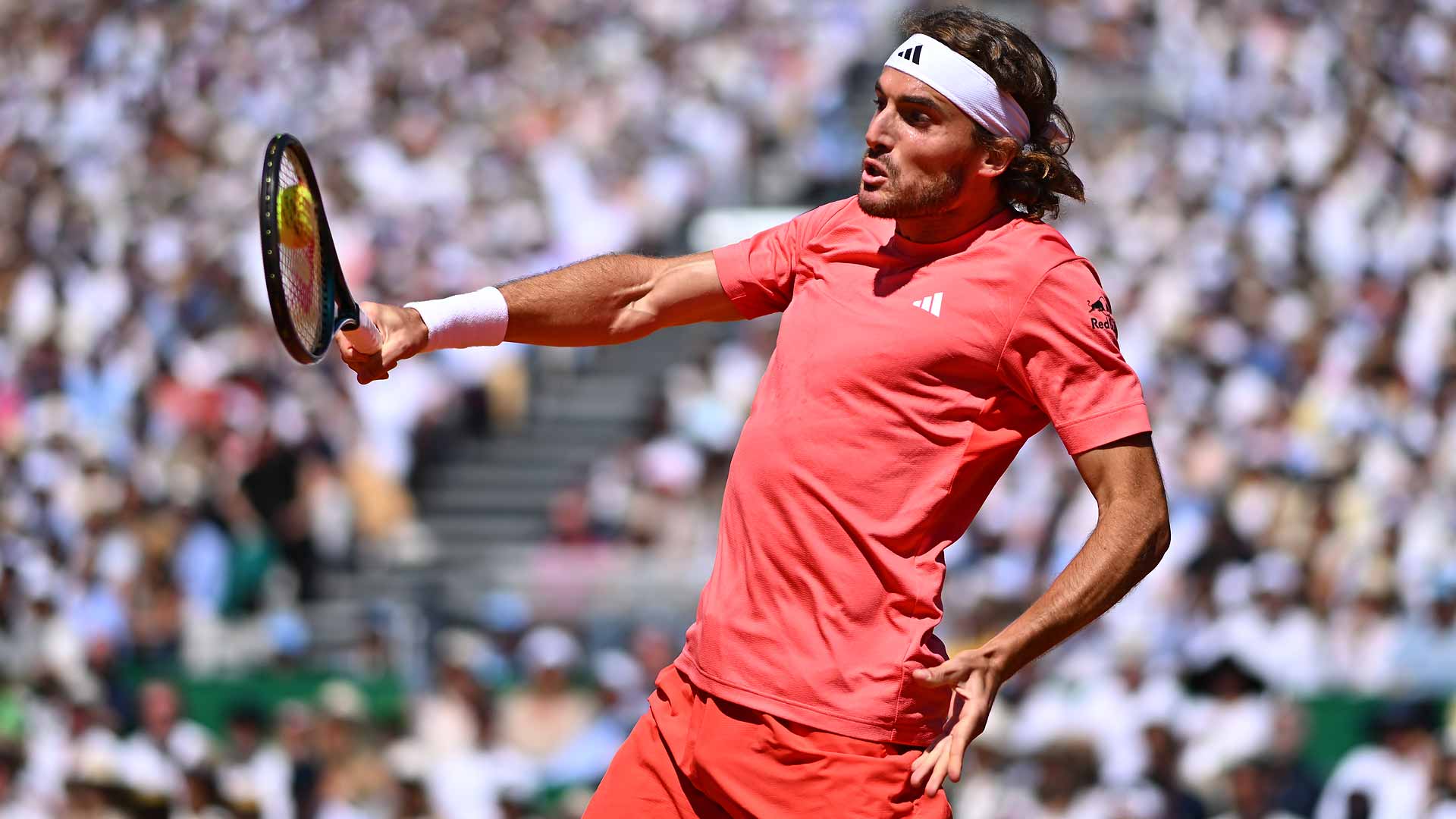 Stefanos Tsitsipas hits a backhand against Casper Ruud during the Rolex Monte-Carlo Masters final on Sunday.