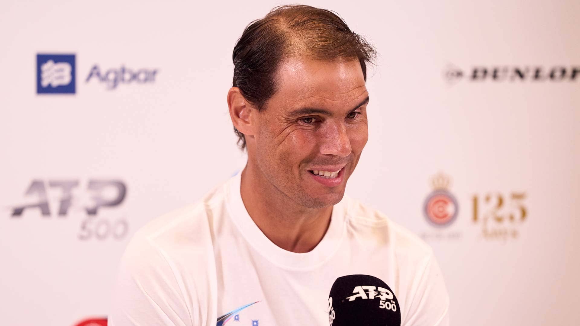 Rafael Nadal talks to media on Monday at the Barcelona Open Banc Sabadell.