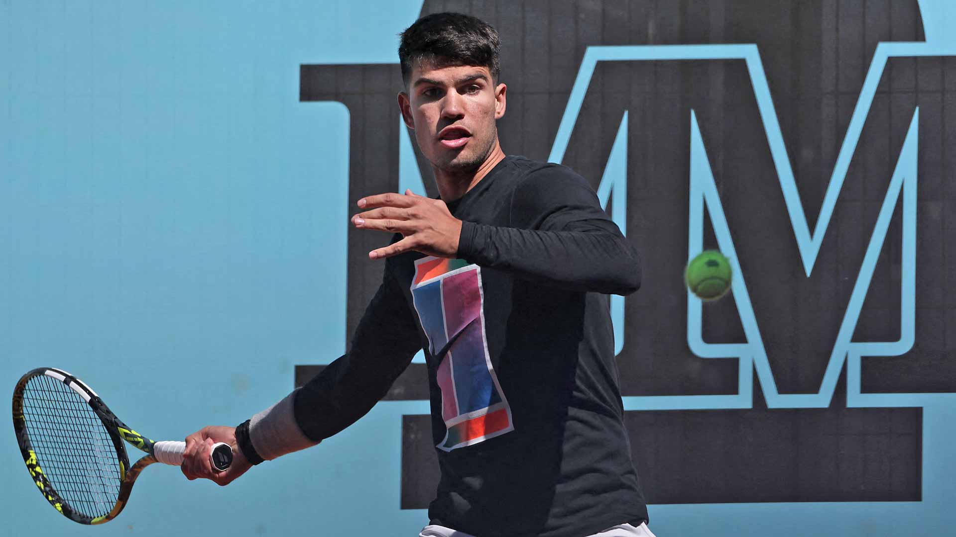 Carlos Alcaraz practises on Tuesday at the Mutua Madrid Open.