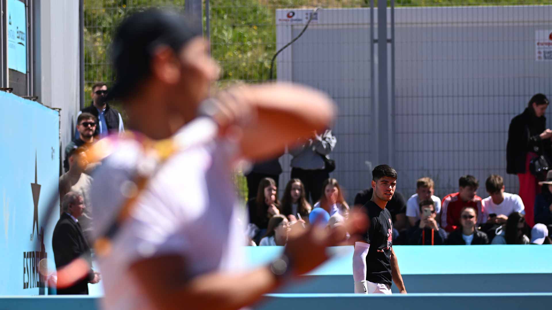 Rafael Nadal and Carlos Alcaraz practise side-by-side on Wednesday at the Mutua Madrid Open.