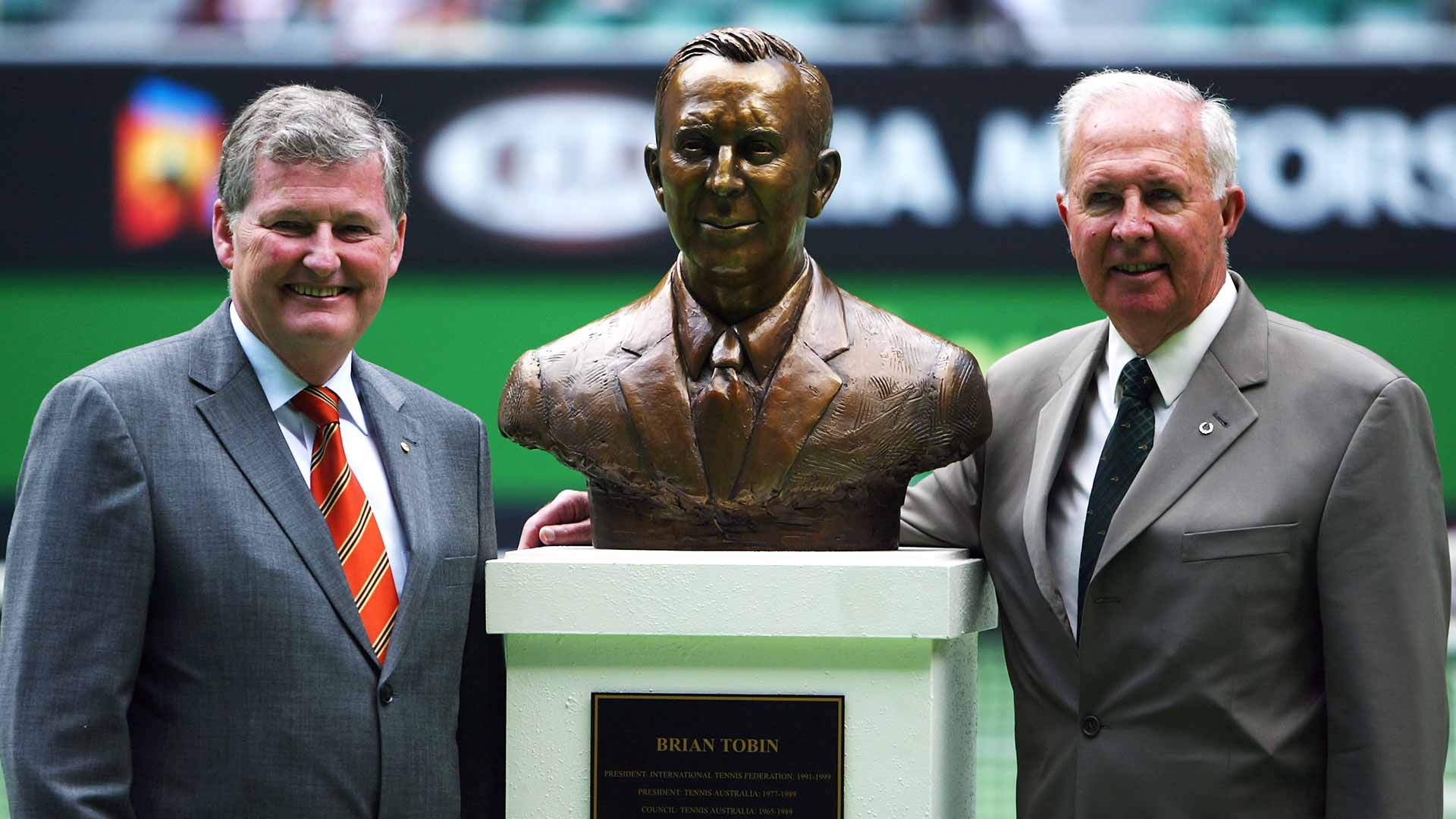 Brian Tobin (right) during his induction into the Australian Tennis Hall of Fame in 2004 with then Tennis Australia president Geoff Pollard.