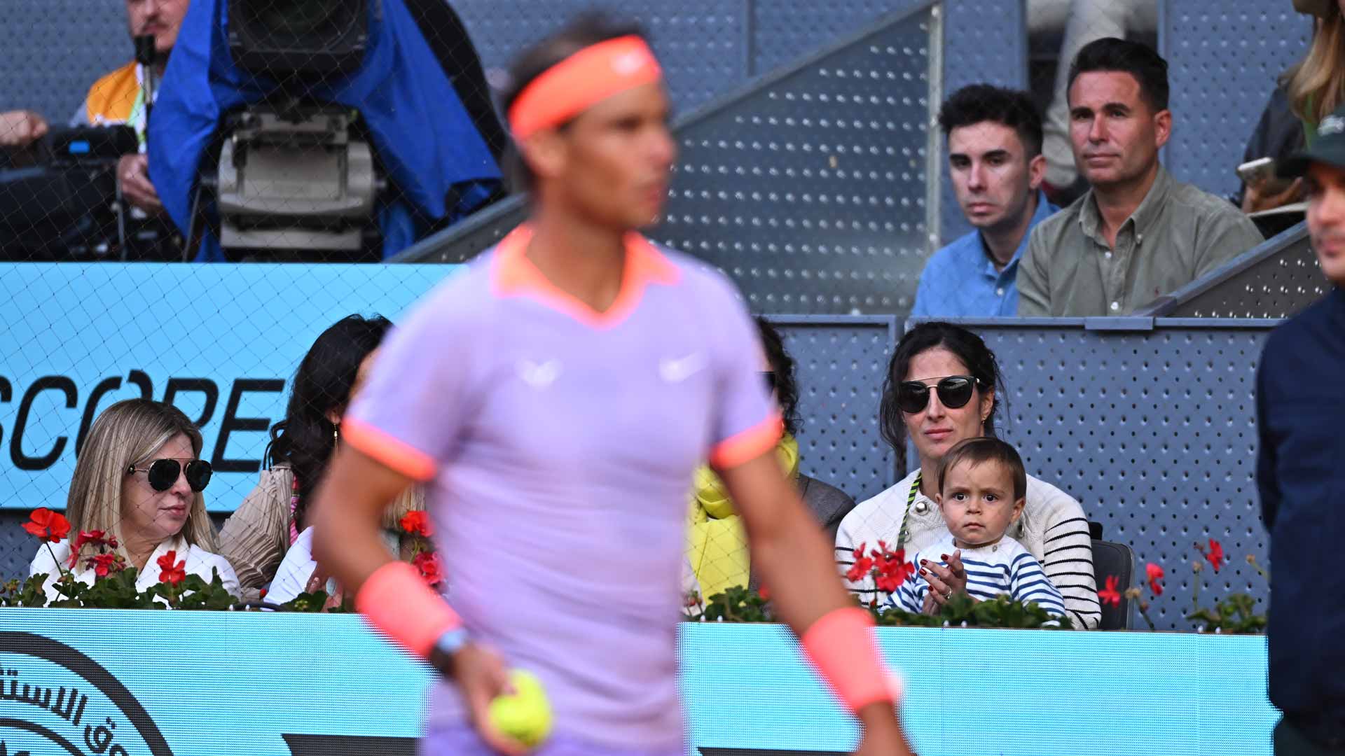 <a href='https://www.atptour.com/en/players/rafael-nadal/n409/overview'>Rafael Nadal</a> competes Thursday in Madrid, where his wife Maria Francisca and son Rafael were in attendance.