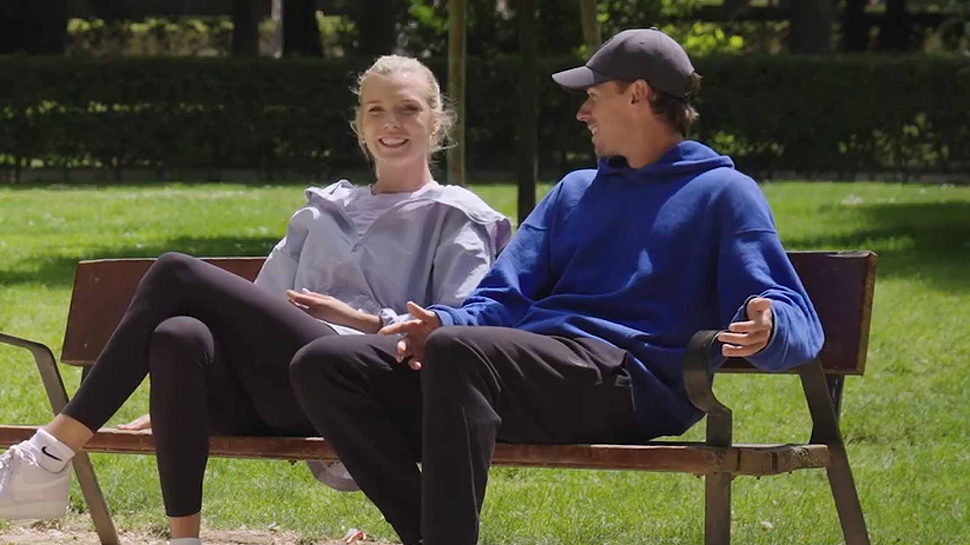Katie Boulter and Alex de Minaur chat in Madrid's Retiro Park.