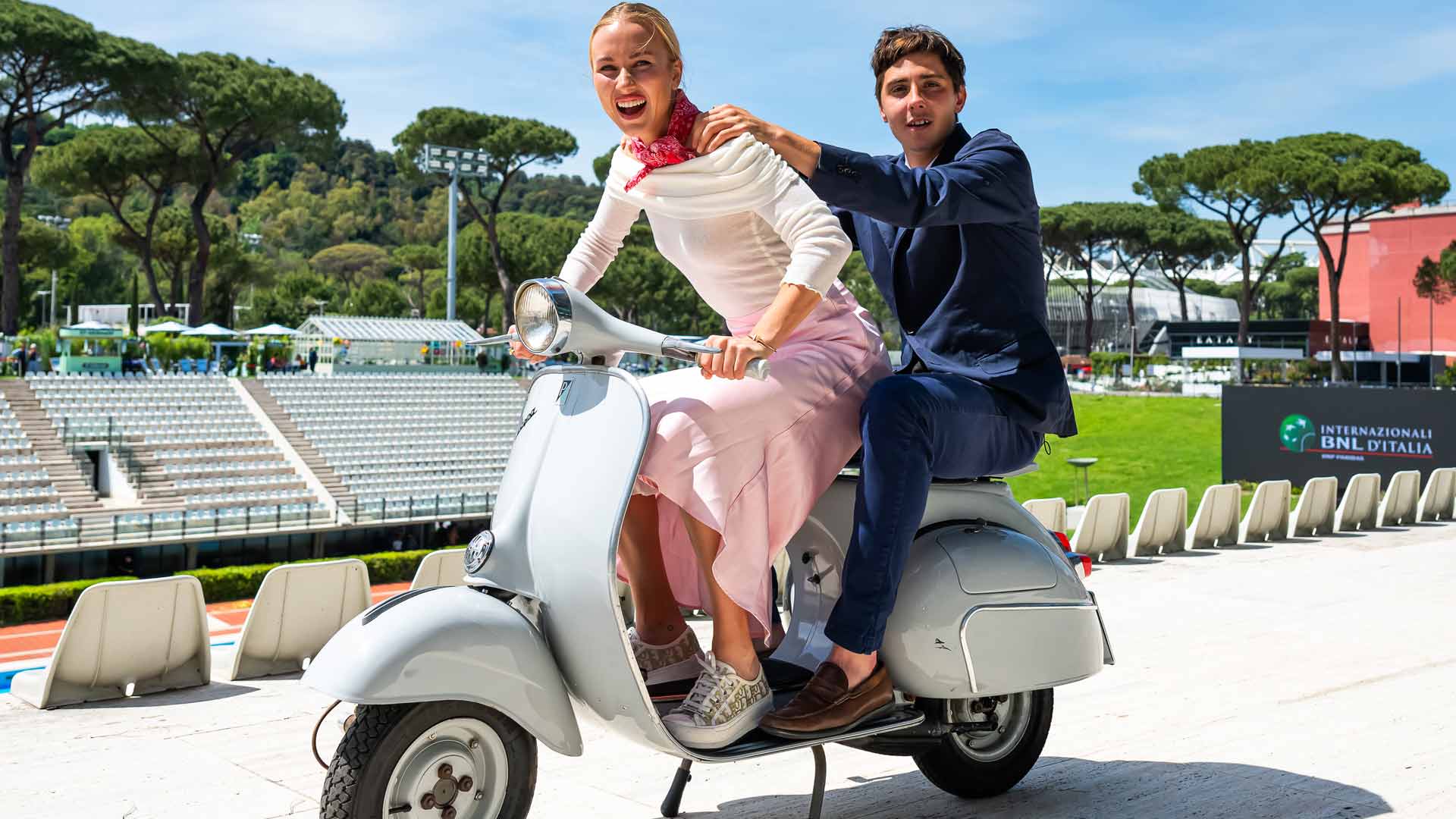 Anastasia Potapova and Alexander Shevchenko pose for a photo at the Foro Italico in Rome.