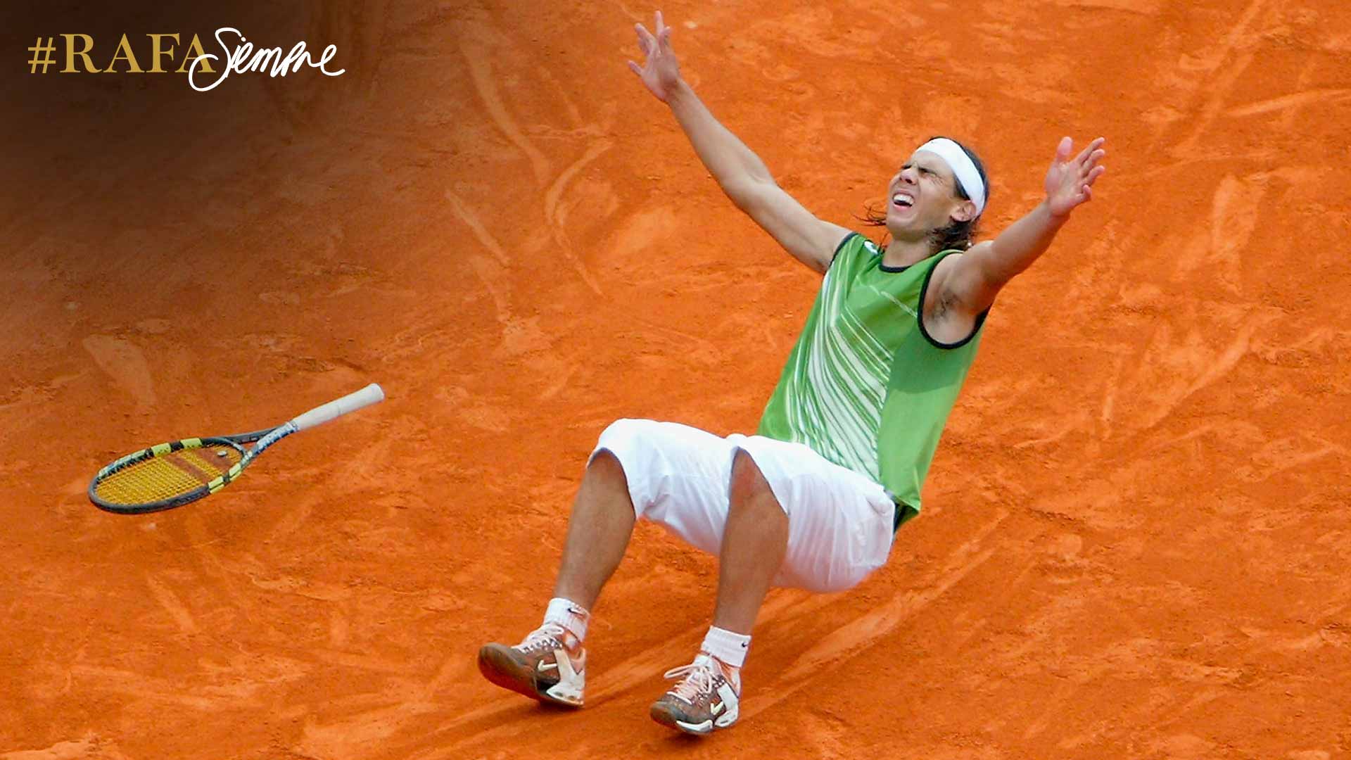 Rafael Nadal celebrates after winning his maiden Grand Slam title at 2005 Roland Garros.