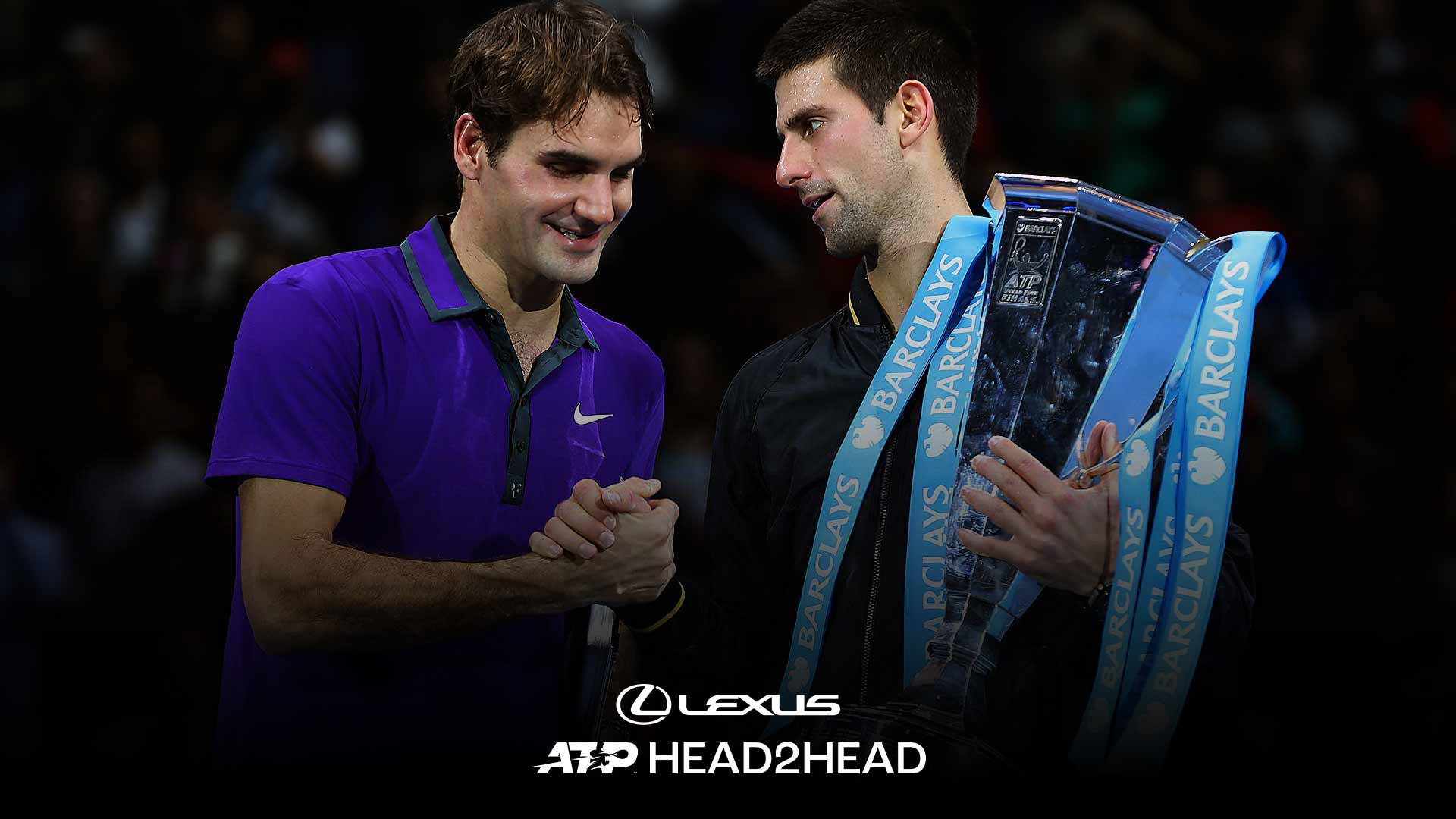 Roger Federer congratulates Novak Djokovic on his victory at the 2012 Nitto ATP Finals.