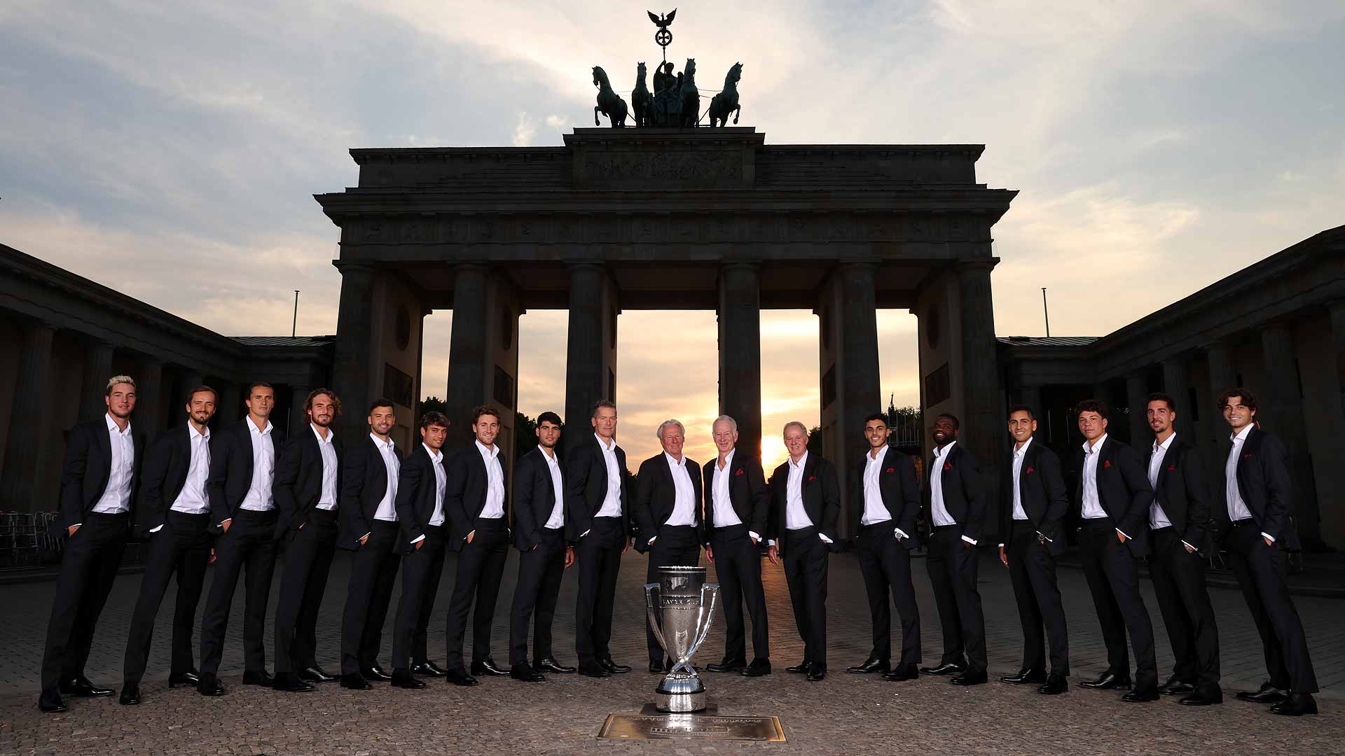 Team Europe and Team World stand before Berlin's Brandenburg Gate ahead of the 2024 Laver Cup.
