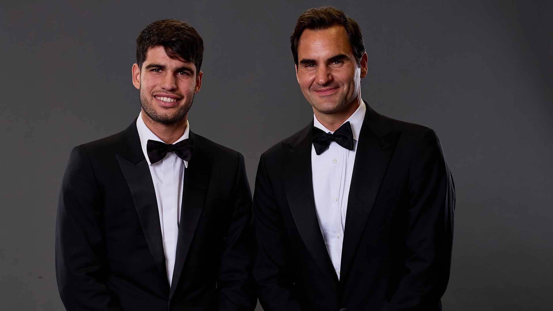 Carlos Alcaraz and Roger Federer pose for a portrait at the Laver Cup in Berlin.