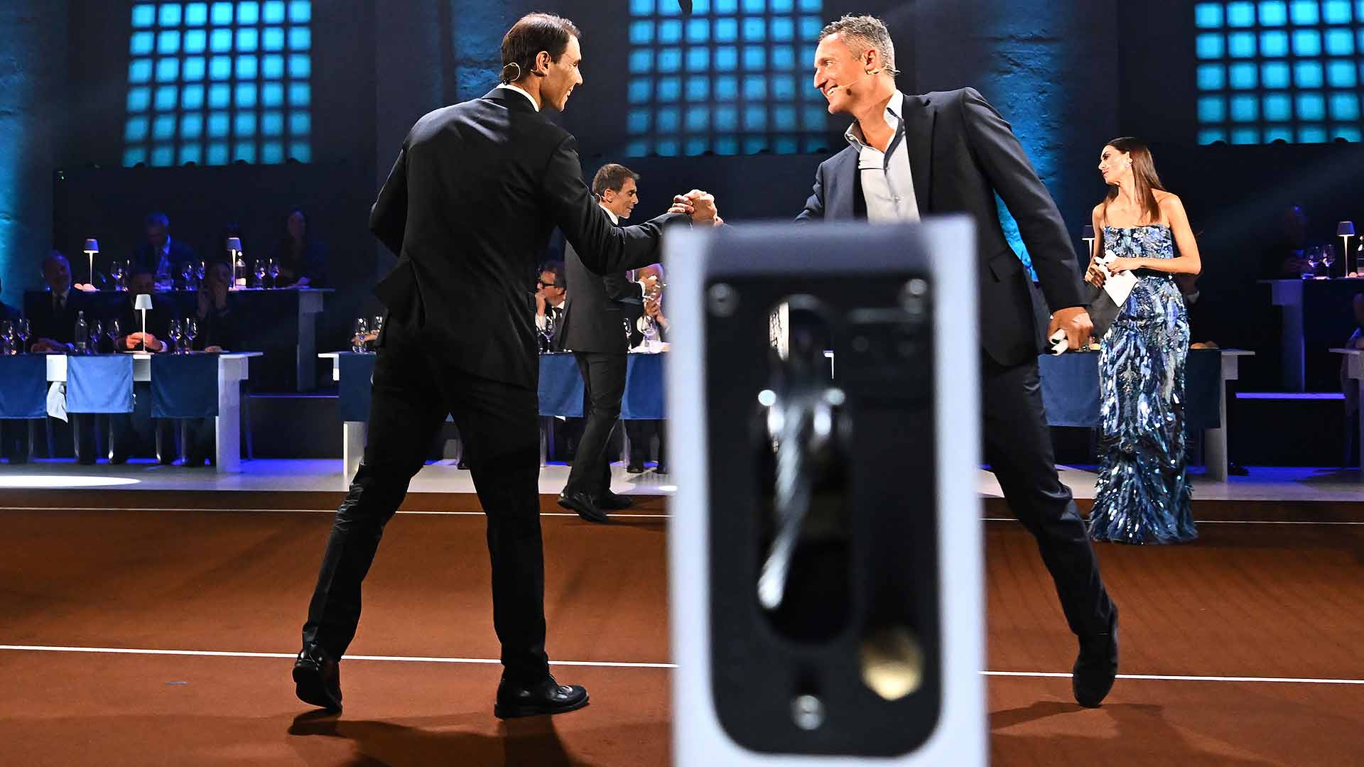 <a href='https://www.atptour.com/en/players/rafael-nadal/n409/overview'>Rafael Nadal</a> greets ATP Chairman <a href='https://www.atptour.com/en/players/andrea-gaudenzi/g254/overview'>Andrea Gaudenzi</a> at a gala dinner at the 2022 <a href='https://www.atptour.com/en/tournaments/nitto-atp-finals/605/overview'>Nitto ATP Finals</a> in Turin.