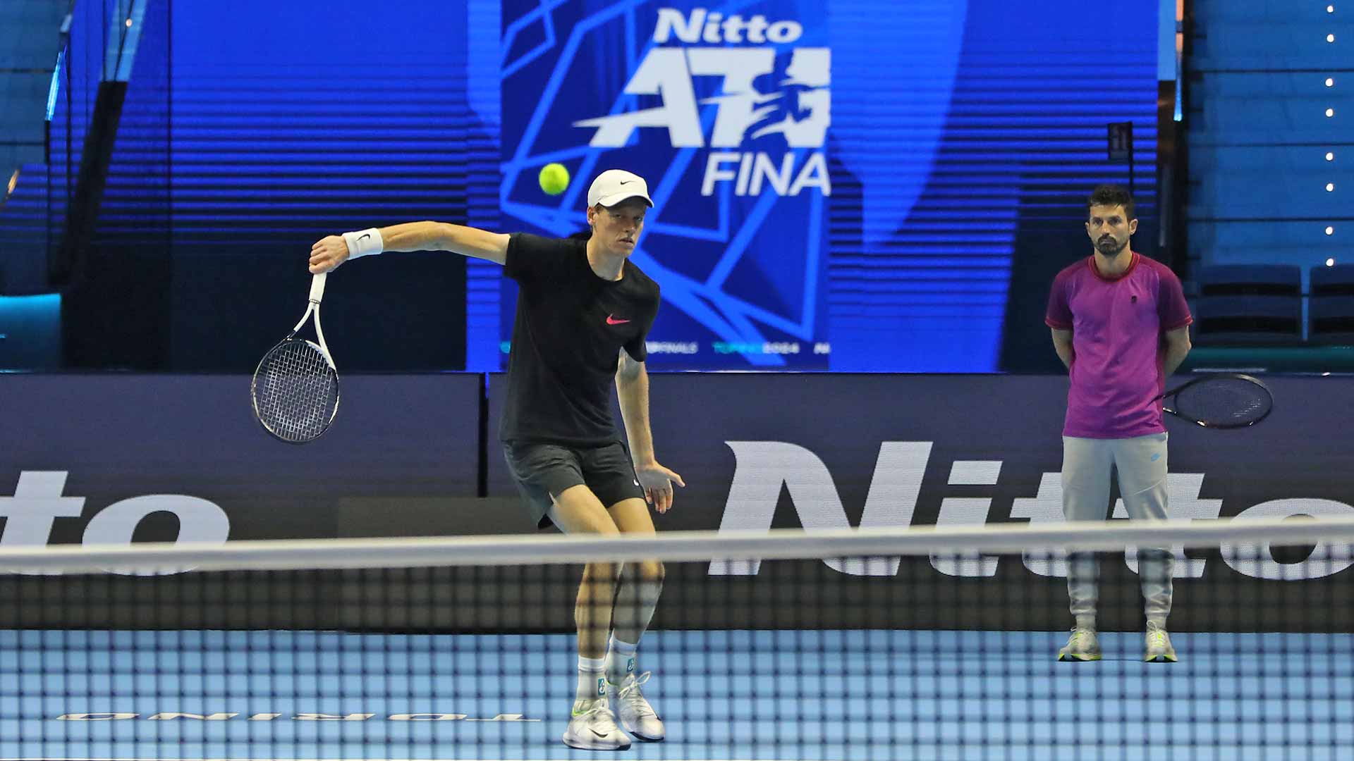 Jannik Sinner practises on centre court at the Nitto ATP Finals. 
