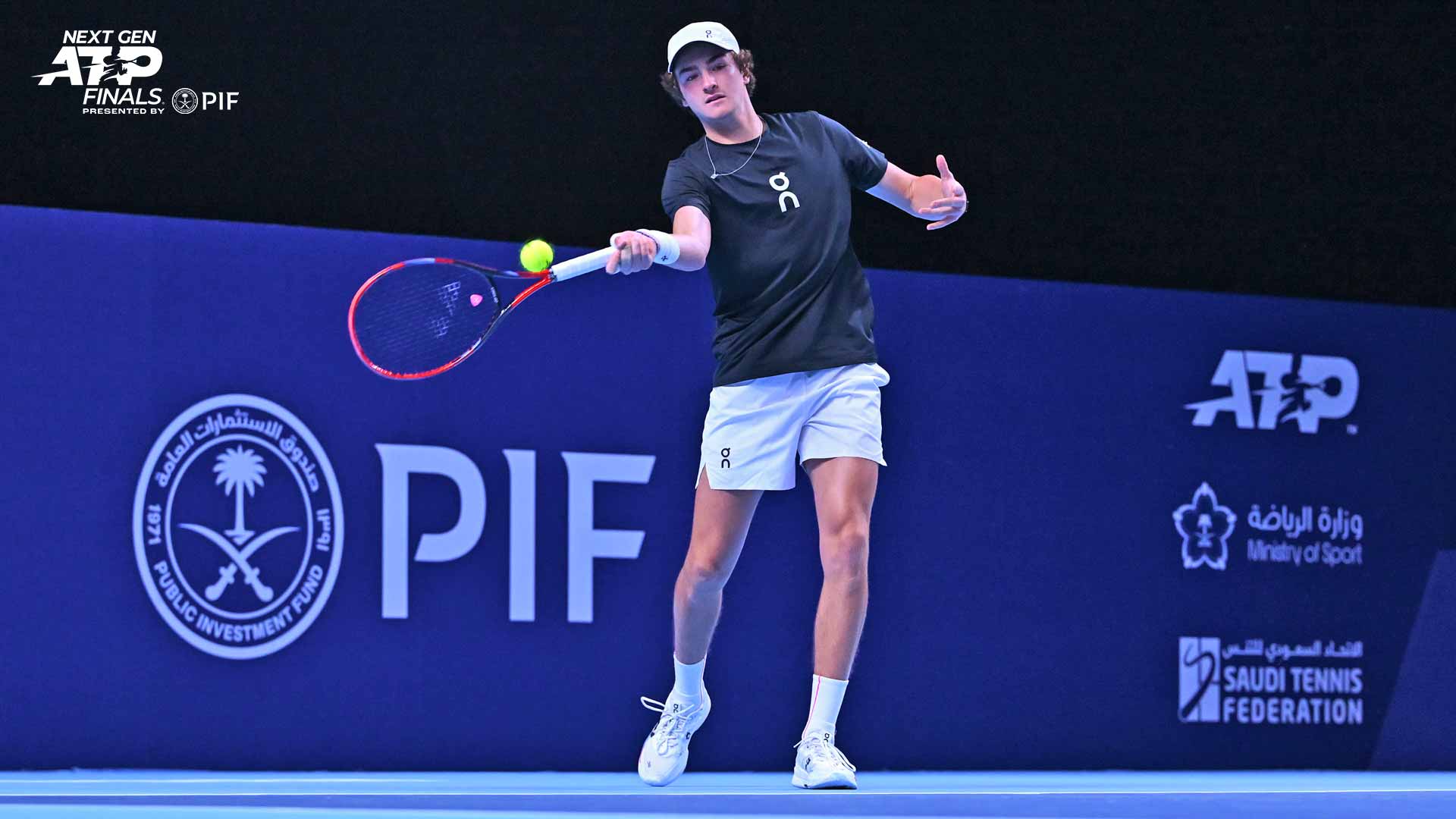 Joao Fonseca practises on Sunday at the Next Gen ATP Finals presented by PIF.