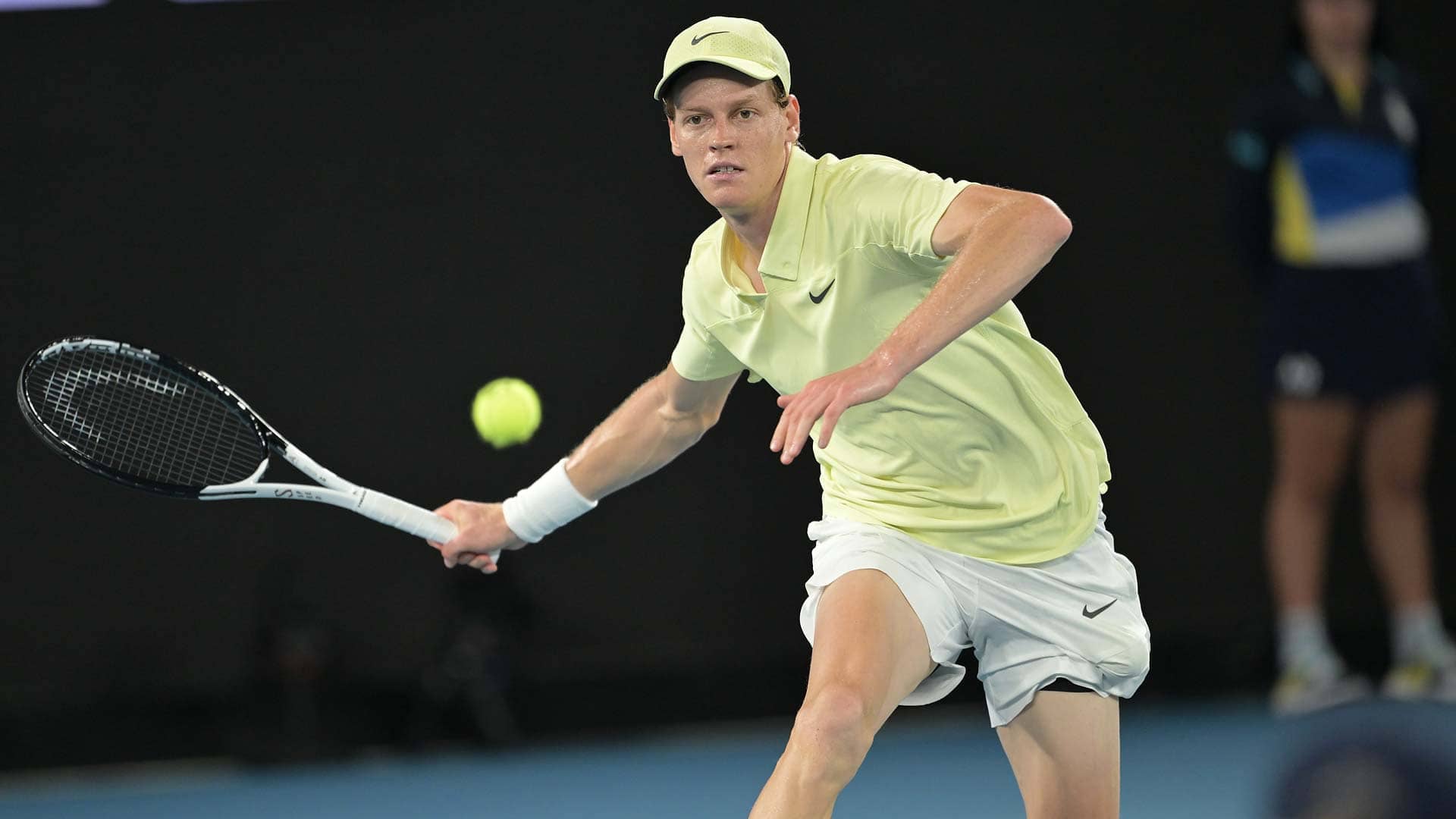 Jannik Sinner in semi-final action against Ben Shelton on Friday night in Melbourne.