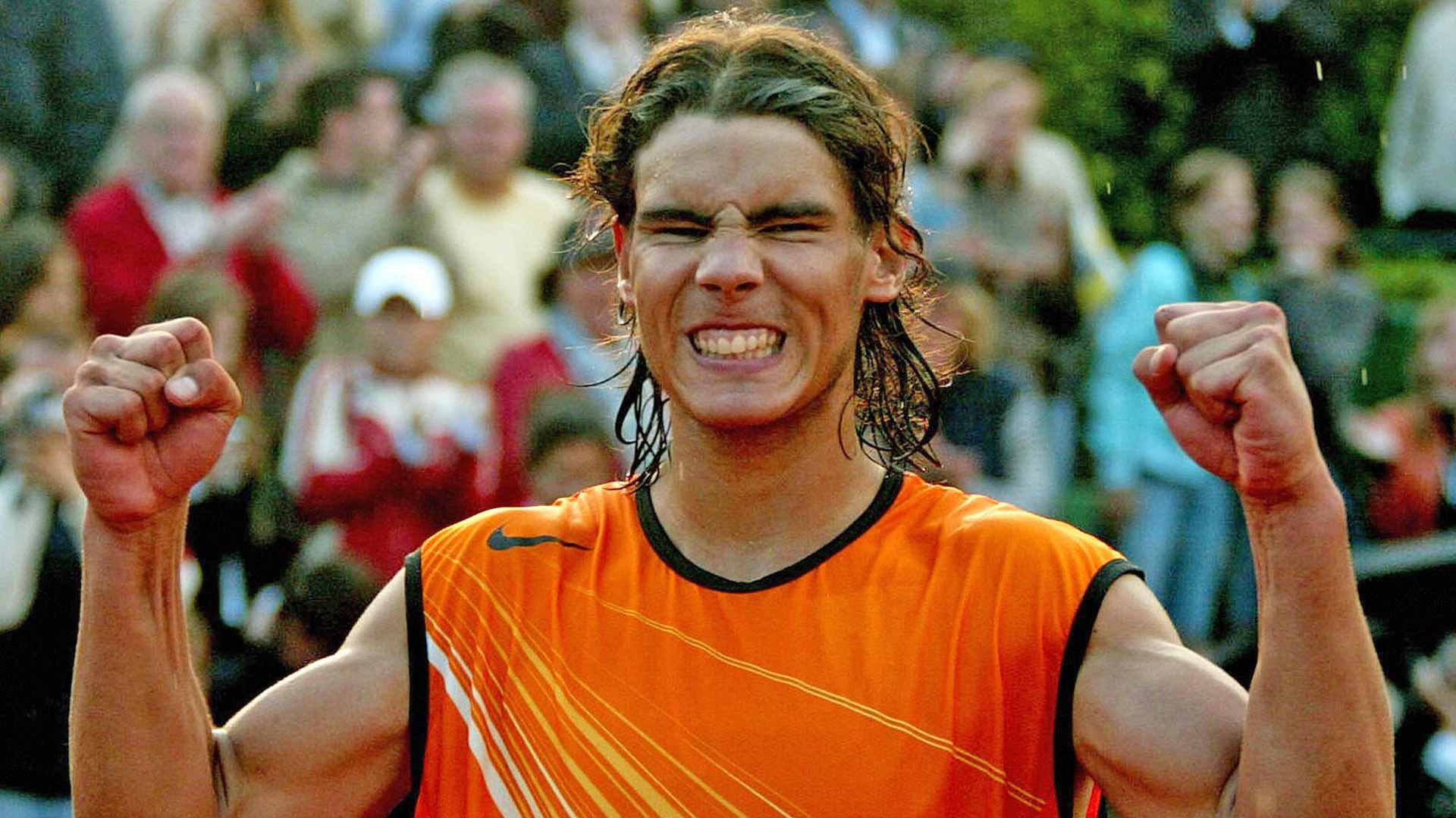 Rafael Nadal celebrates after defeating Juan Carlos Ferrero in the 2005 Barcelona championship match.