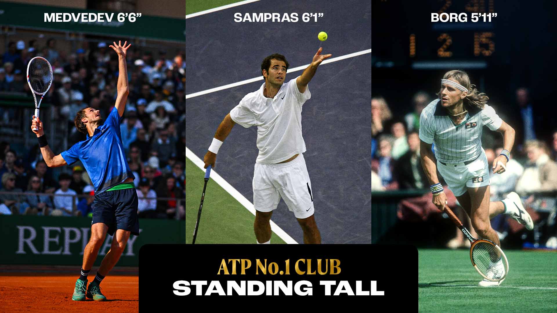 Daniil Medvedev, Pete Sampras y Bjorn Borg llegaron al No. 1 con distintas estaturas.