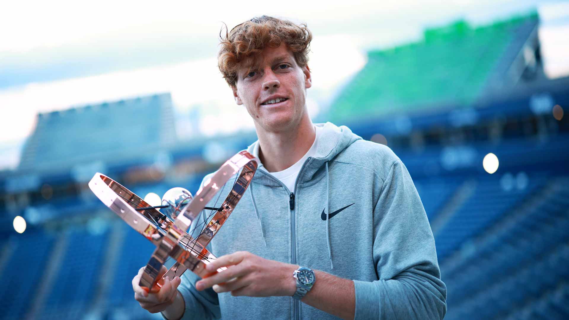 Jannik Sinner poses with his 2023 Toronto trophy.