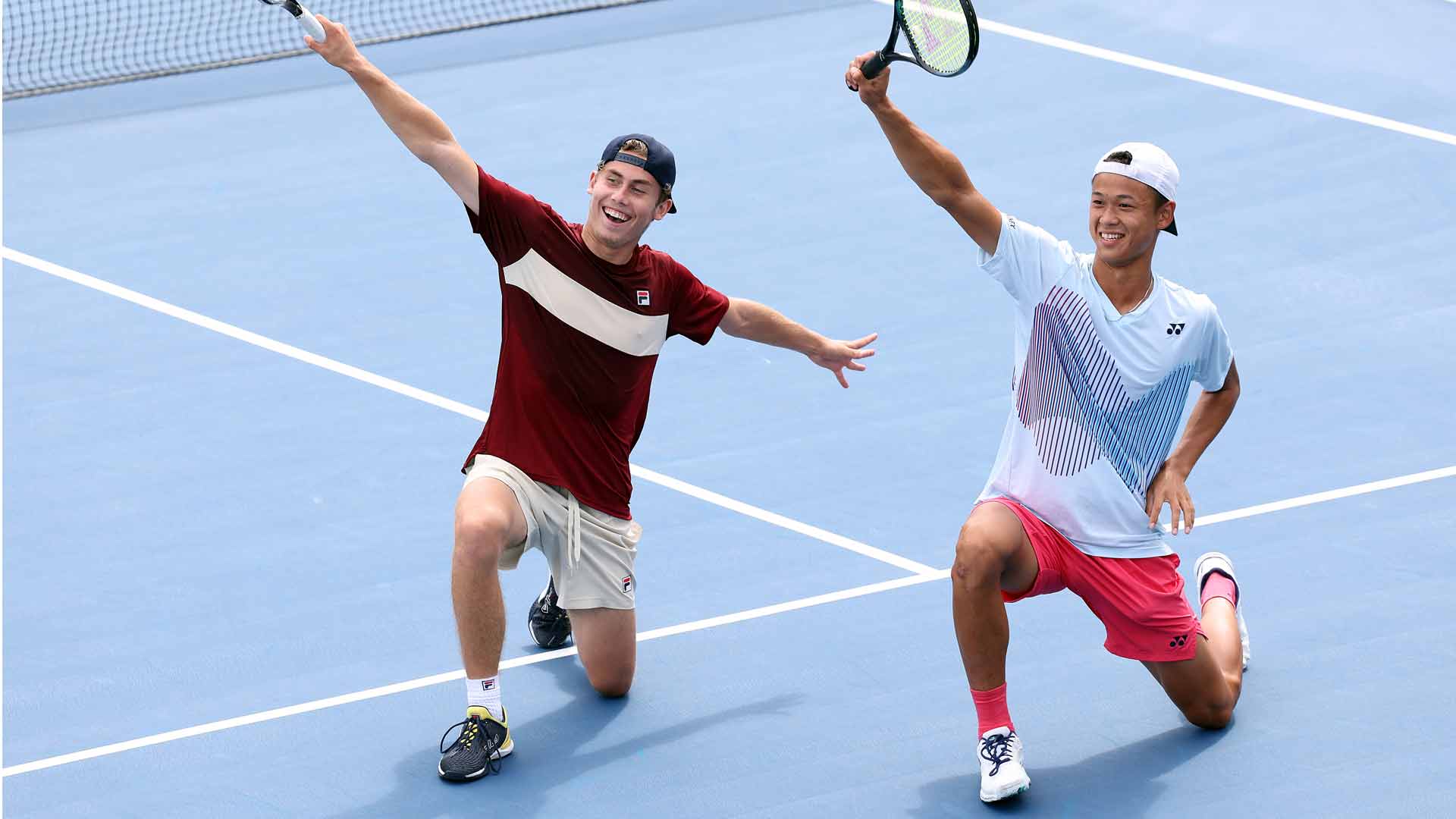 <a href='https://www.atptour.com/en/players/maxim-mrva/m0se/overview'>Maxim Mrva</a> and <a href='https://www.atptour.com/en/players/rei-sakamoto/s0uv/overview'>Rei Sakamoto</a> celebrate their triumph at the 2024 <a href='https://www.atptour.com/en/tournaments/us-open/560/overview'>US Open</a> boys' doubles event. 