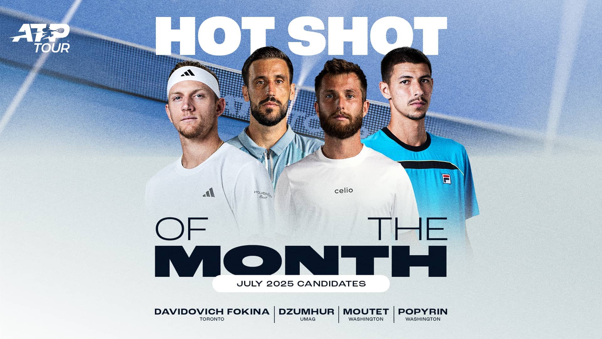 Alejandro Davidovich Fokina, Damir Dzumhur, Corentin Moutet, and Alexei Popyrin feature in July's Hot Shot of the Month.