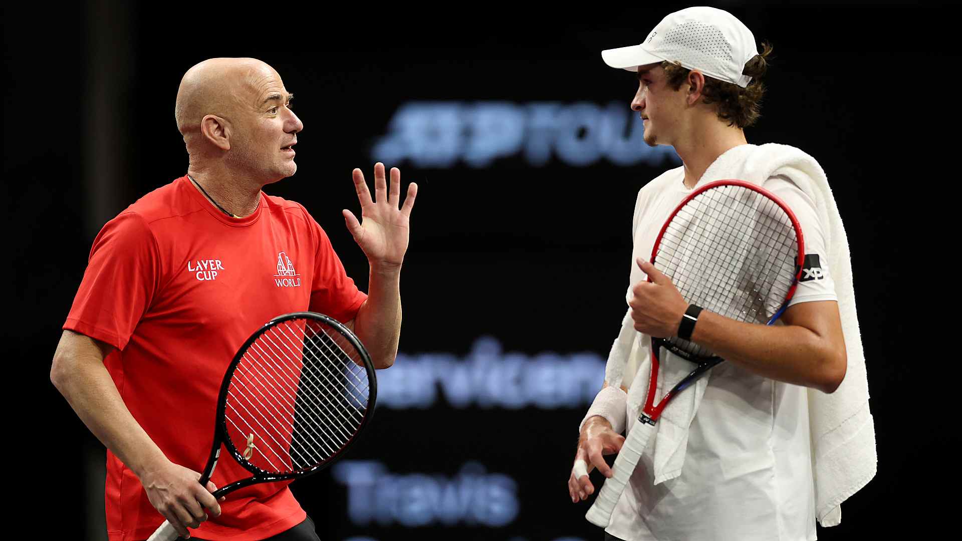 <a href='https://www.atptour.com/en/players/andre-agassi/a092/overview'>Andre Agassi</a> and <a href='https://www.atptour.com/en/players/joao-fonseca/f0fv/overview'>Joao Fonseca</a> train ahead of the Laver cup.