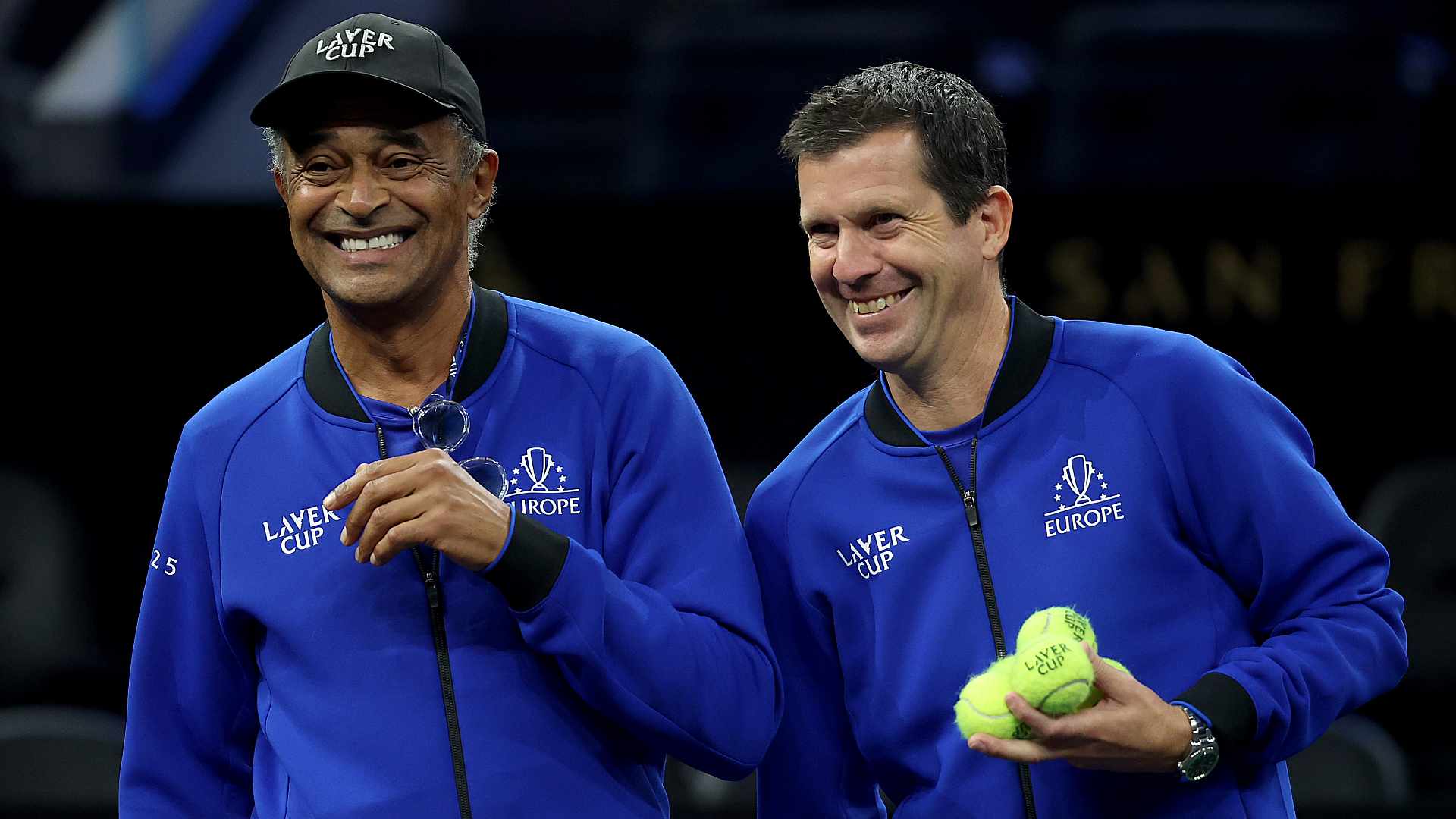 <a href='https://www.atptour.com/en/players/yannick-noah/n022/overview'>Yannick Noah</a> and <a href='https://www.atptour.com/en/players/tim-henman/h336/overview'>Tim Henman</a> at the practice session ahead of the <a href='https://www.atptour.com/en/tournaments/laver-cup/9210/overview'>Laver Cup</a>.